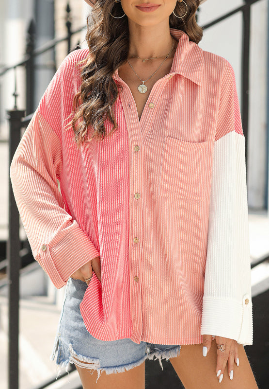 Pocketed Color Block Collared Neck Long Sleeve Shirt-TOPS / DRESSES-[Adult]-[Female]-Pink-S-2022 Online Blue Zone Planet