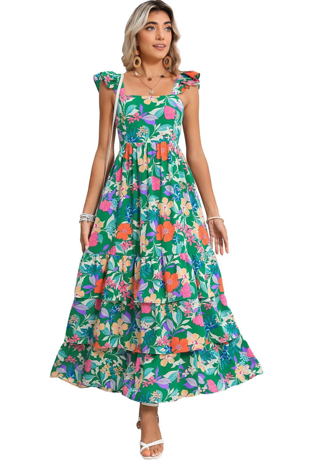 Pink Floral Print Sleeveless Ruffle Tiered Maxi Dress-Maxi Dresses-[Adult]-[Female]-2022 Online Blue Zone Planet