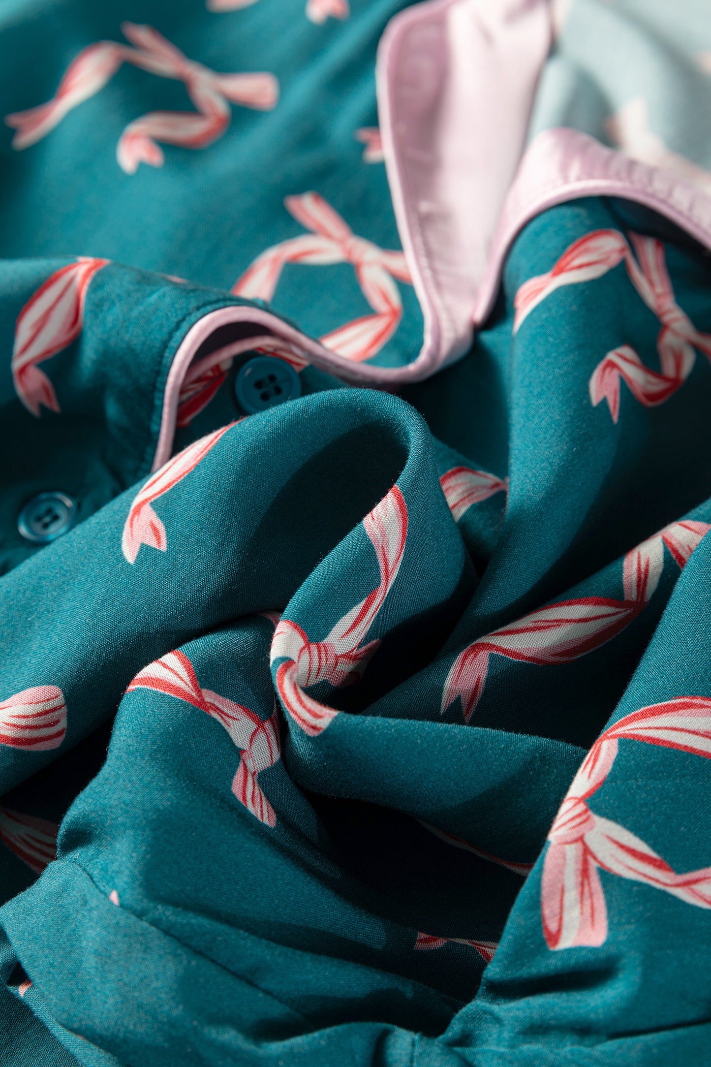 Green Ribbon Bow Print Silky Long Sleeve Shirt and Shorts 2pcs Pajama Set-Loungewear & Sleepwear/Sleepwear-[Adult]-[Female]-2022 Online Blue Zone Planet