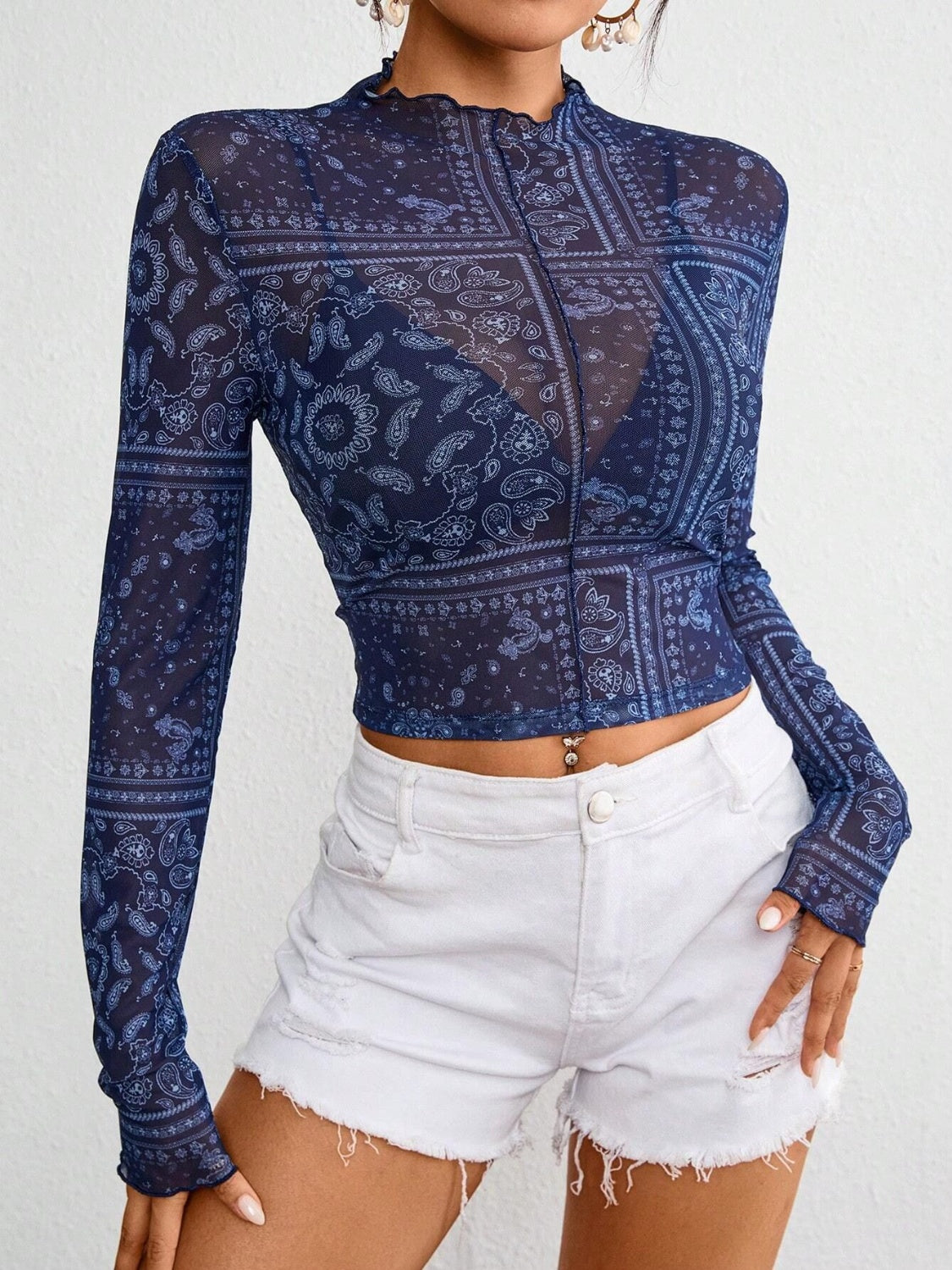 Paisley Mock Neck Long Sleeve Sheer Top-TOPS / DRESSES-[Adult]-[Female]-2022 Online Blue Zone Planet