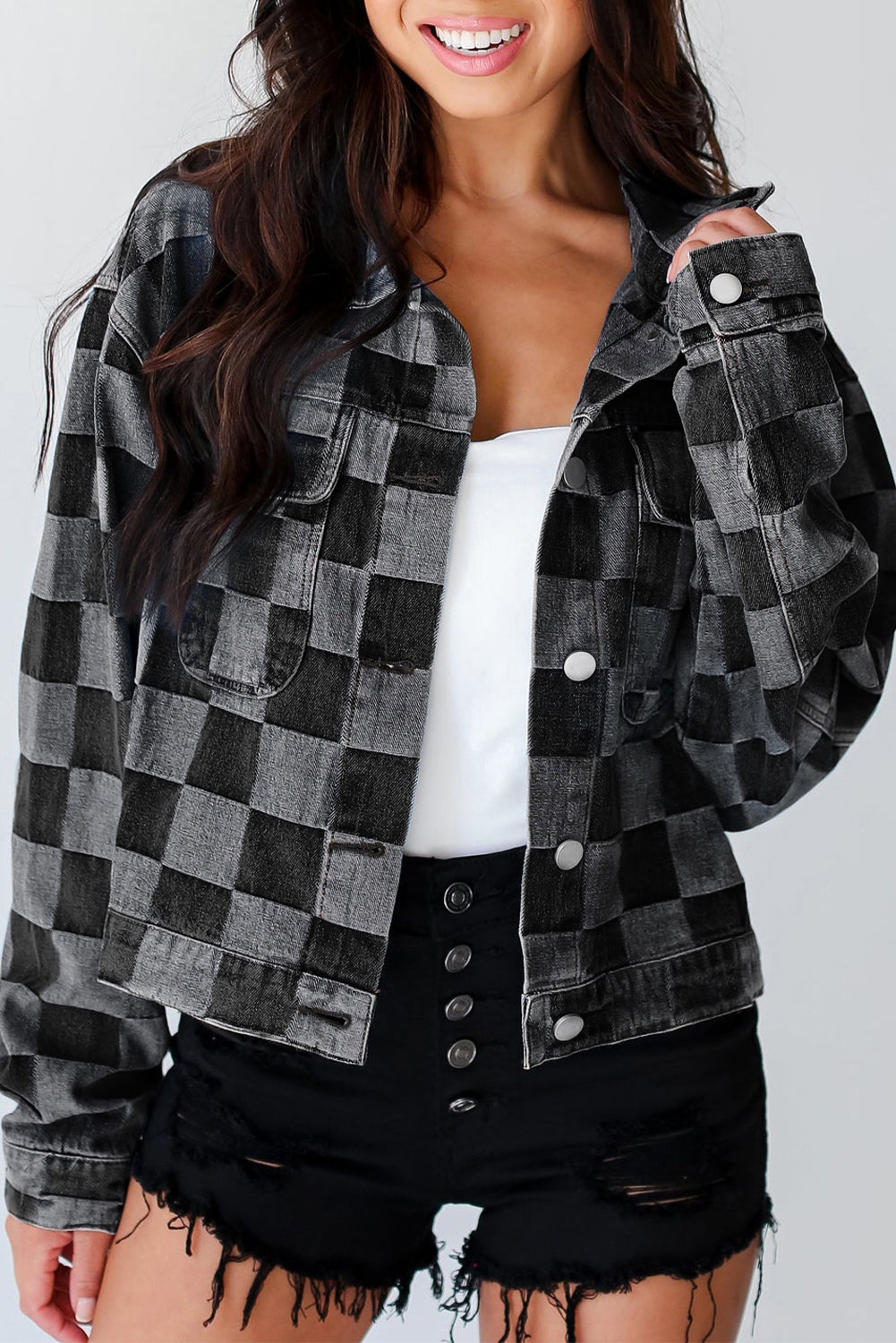 Checkered Button Up Denim Jacket-TOPS / DRESSES-[Adult]-[Female]-Black-S-2022 Online Blue Zone Planet