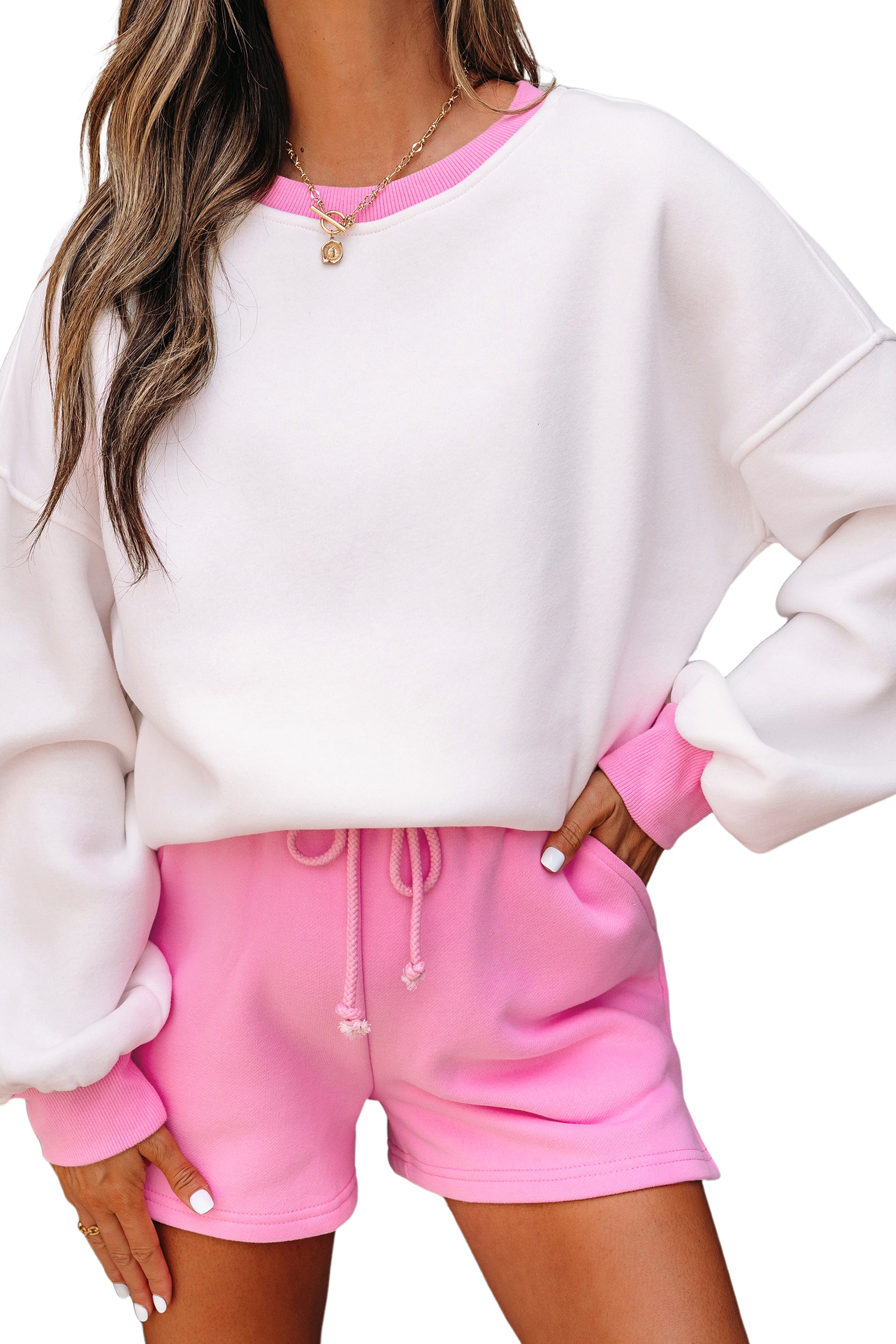 Strawberry Pink Color Block Pullover and Lace-up Elastic Waist Shorts Set-Two Piece Sets/Short Sets-[Adult]-[Female]-2022 Online Blue Zone Planet