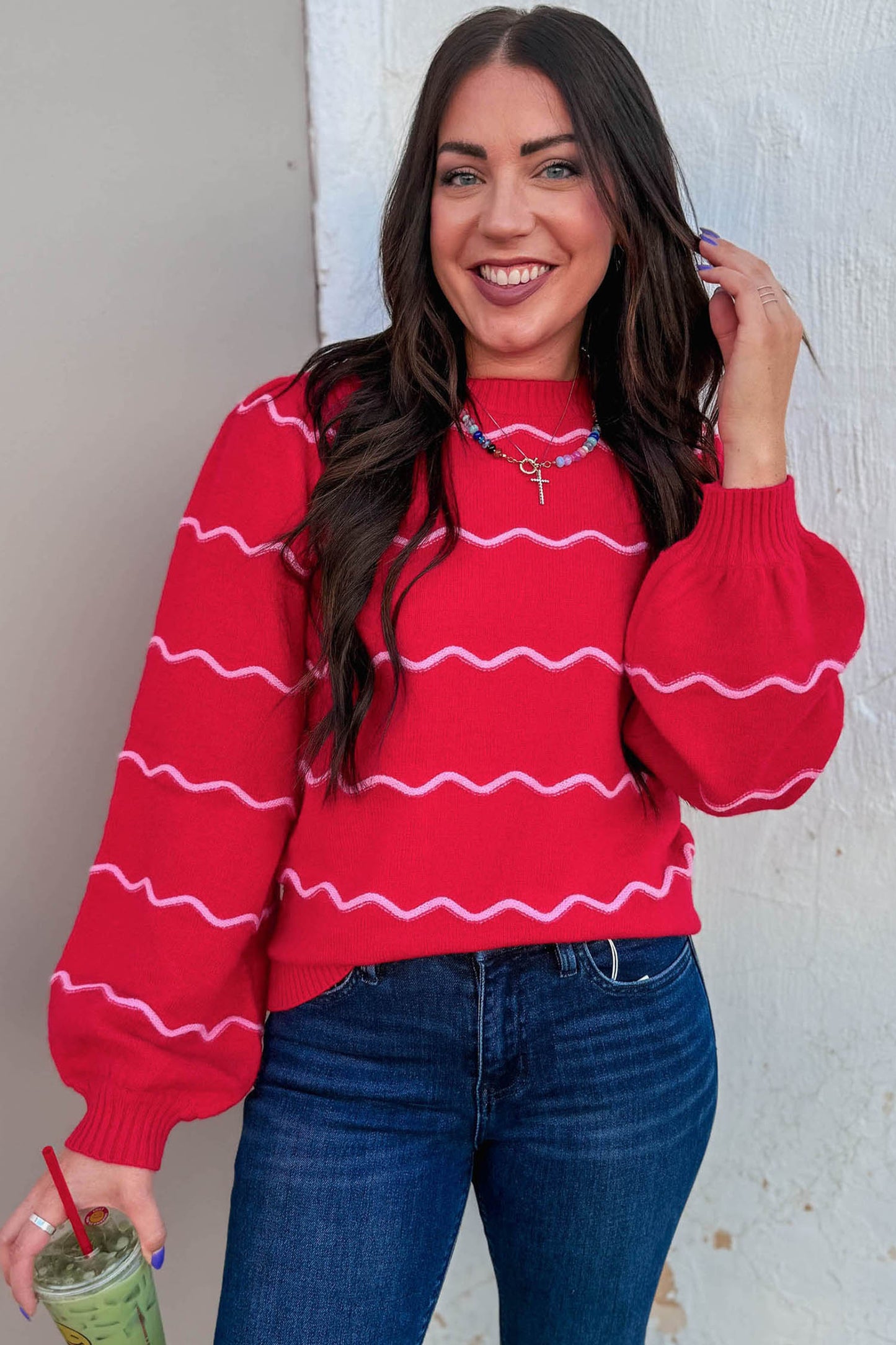Red Stripe Striped Round Neck Long Sleeve Shift Pullover Sweater