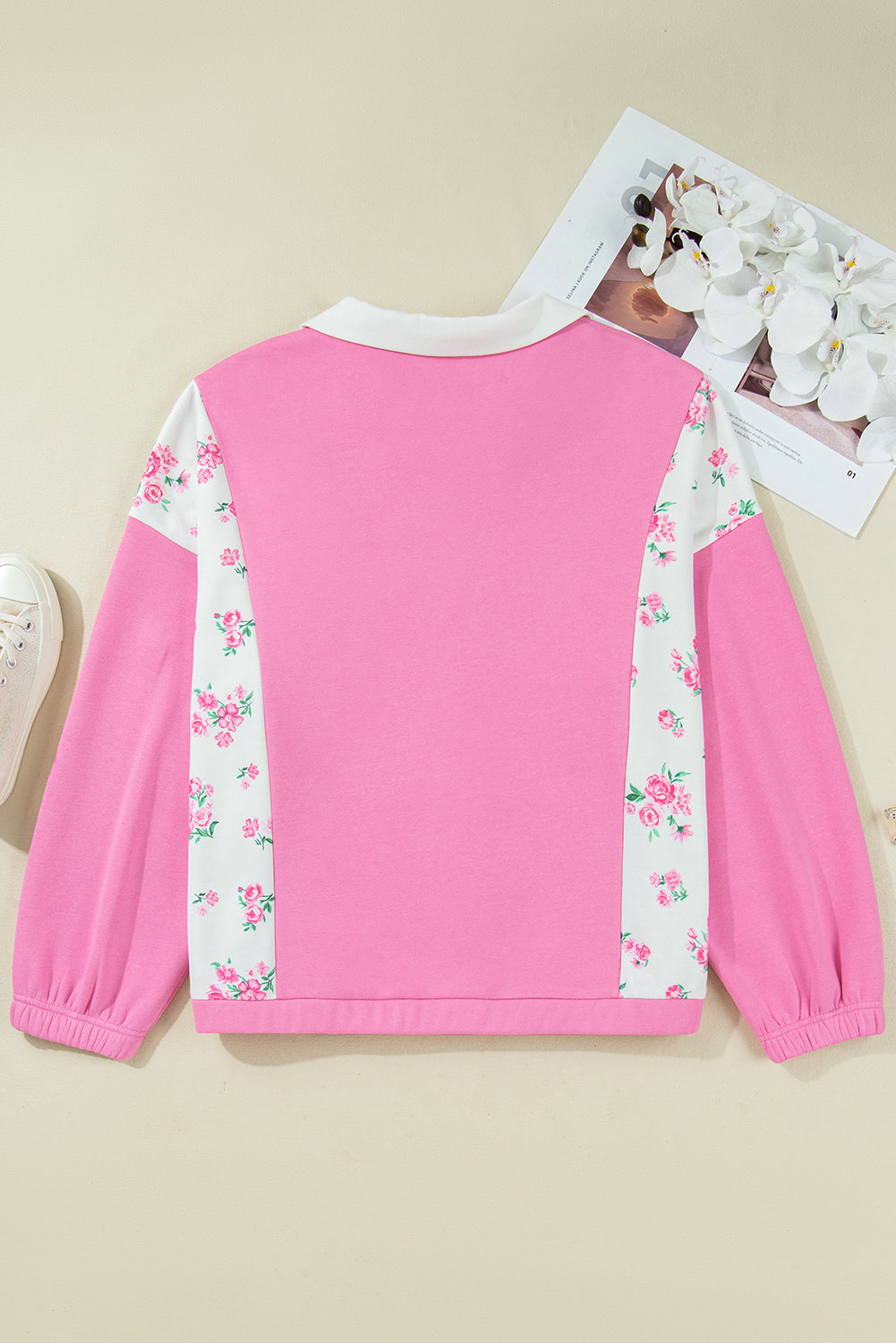 Pink Plus Size Contrast Polo Collar Floral Patchwork Elastic Cuffs Long Sleeve Top-Plus Size/Plus Size Tops/Plus Size Long Sleeve Tops-[Adult]-[Female]-2022 Online Blue Zone Planet