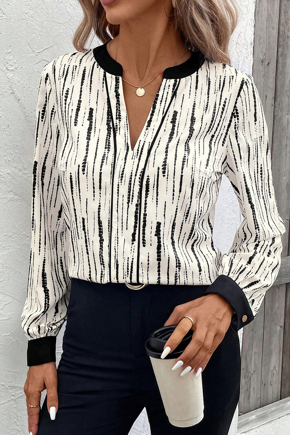 White Abstract Printed V Neck Fall Blouse-Tops/Blouses & Shirts-[Adult]-[Female]-2022 Online Blue Zone Planet