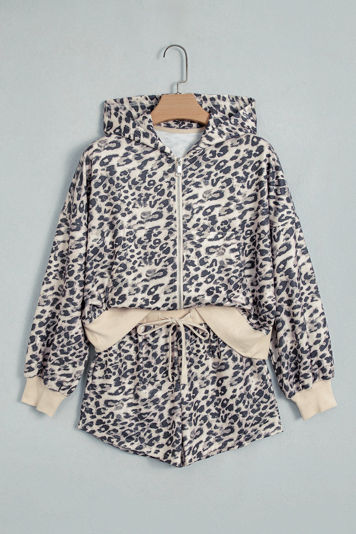 Multicolour Leopard Zip-Up Hooded Drawstring Pant Set-Two Piece Sets/Short Sets-[Adult]-[Female]-2022 Online Blue Zone Planet