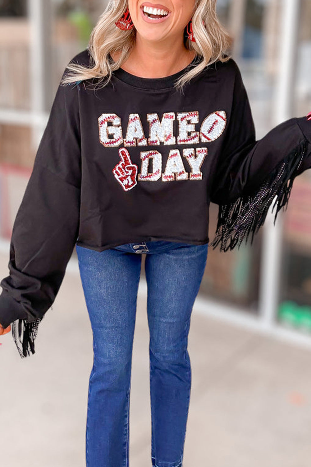 Black GAME DAY Rugby Sequined Tasseled Cropped Sweatshirt-Tops/Sweatshirts & Hoodies-[Adult]-[Female]-Black-S-2022 Online Blue Zone Planet