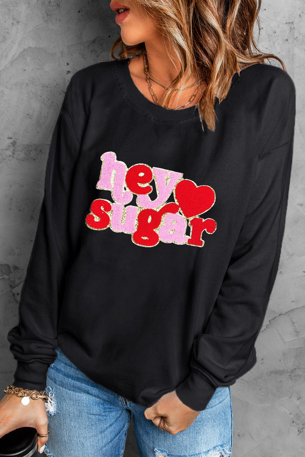 Pink Chenille Heart Pattern Valentines Graphic Sweatshirt-Graphic Sweatshirts-[Adult]-[Female]-2022 Online Blue Zone Planet