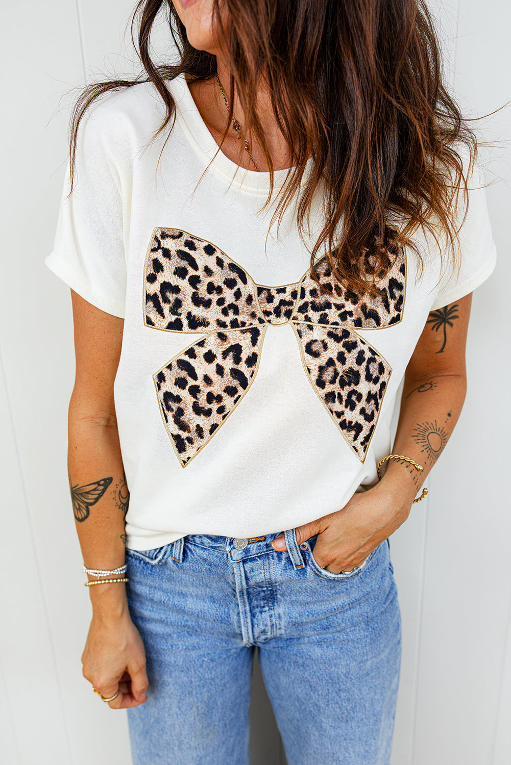 White Leopard Bow Embroidered Cotton Round Neck T Shirt-Tops/Tops & Tees-[Adult]-[Female]-2022 Online Blue Zone Planet