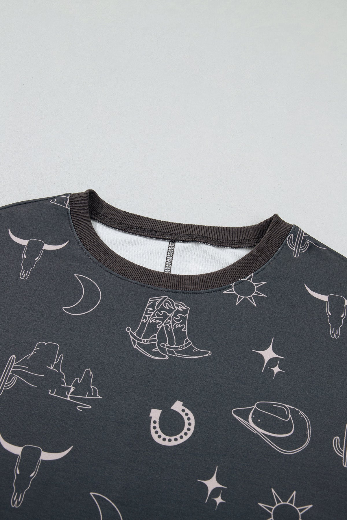 Gray Western Print Crew Neck Sweatshirt-Tops/Sweatshirts & Hoodies-[Adult]-[Female]-2022 Online Blue Zone Planet