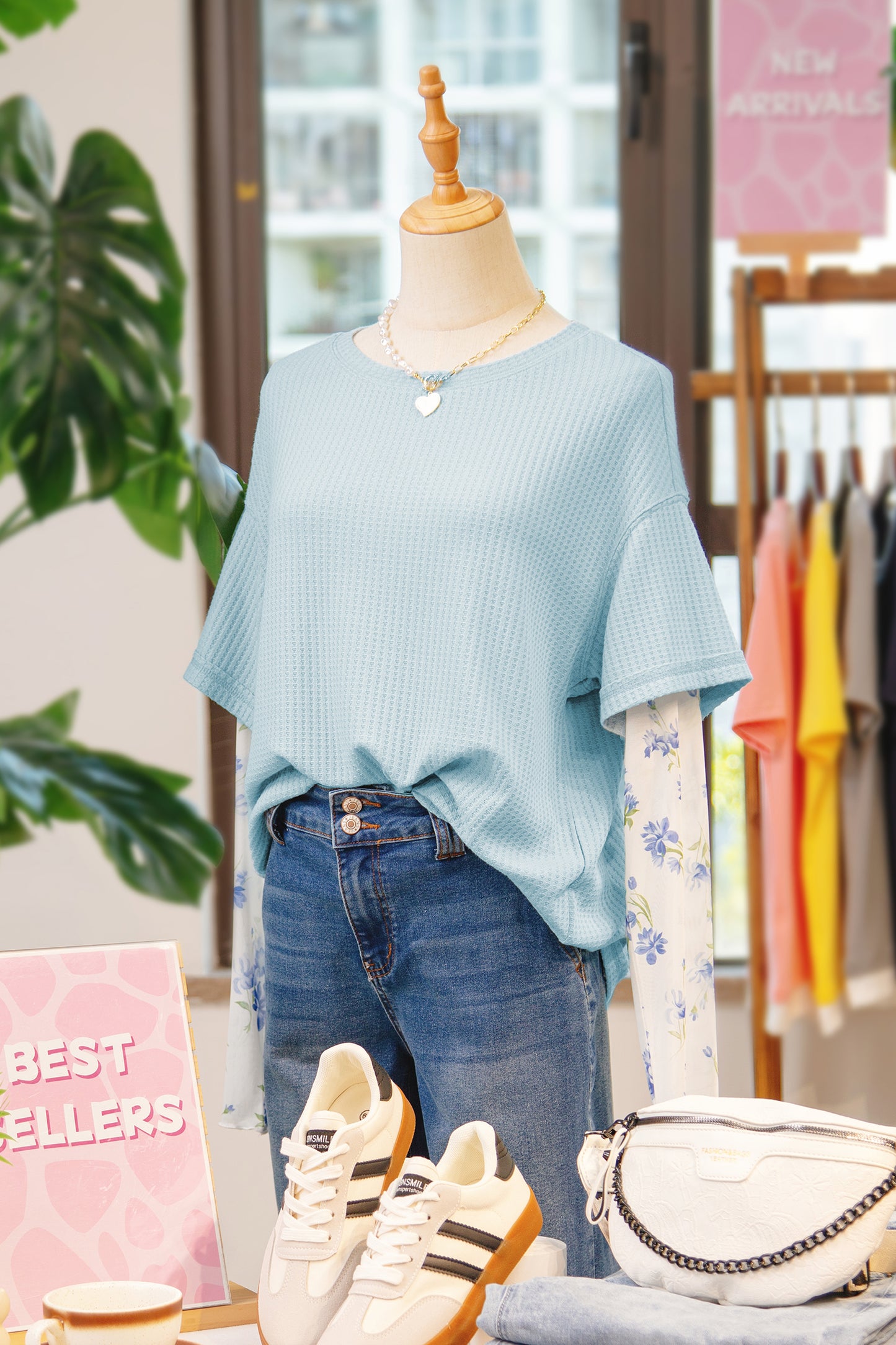 Beau Blue Floral Lace Sleeve Patchwork Waffle Fake Two-Piece Top-Tops/Long Sleeve Tops-[Adult]-[Female]-2022 Online Blue Zone Planet