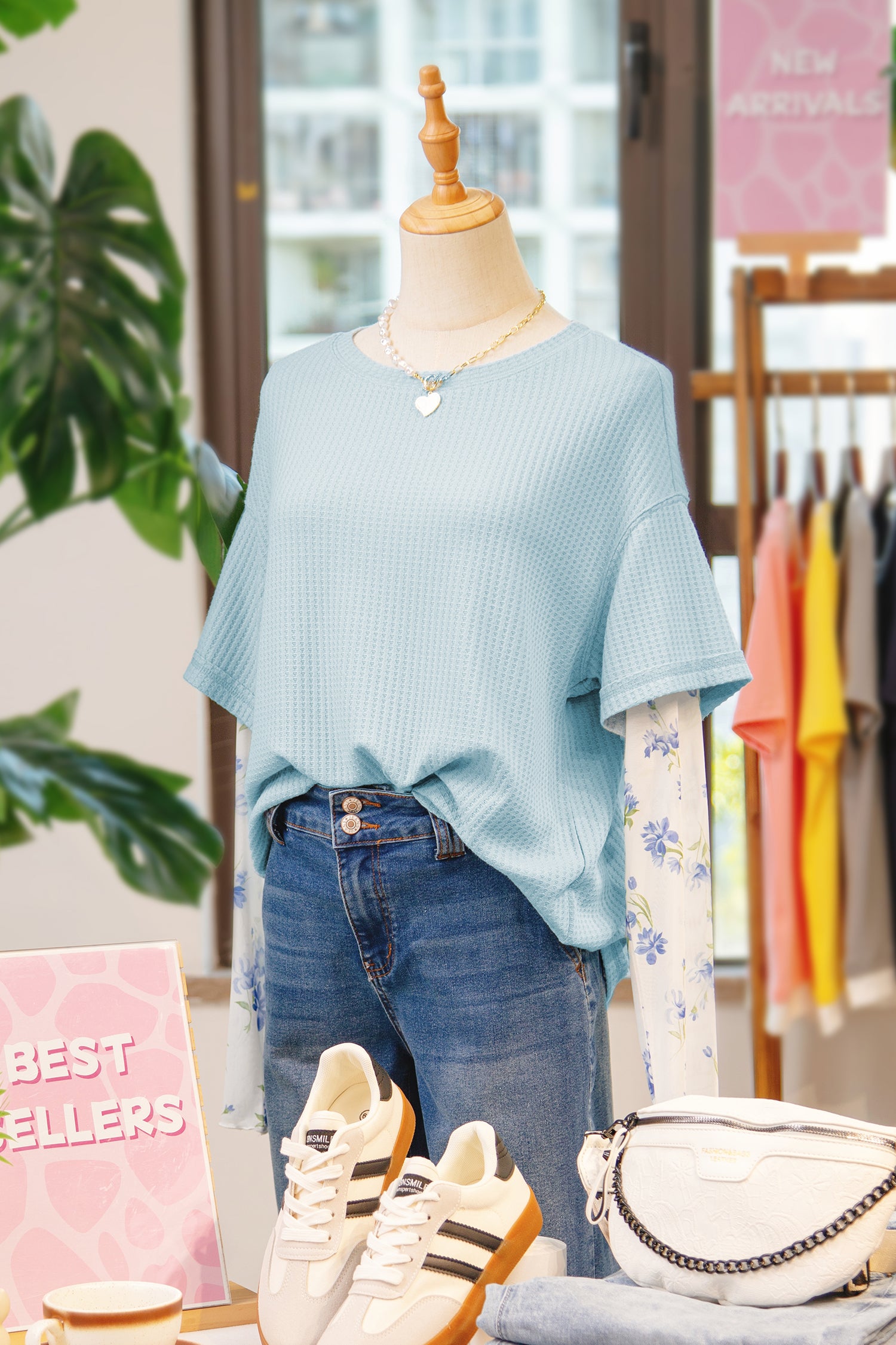 Beau Blue Floral Lace Sleeve Patchwork Waffle Fake Two-Piece Top-Tops/Long Sleeve Tops-[Adult]-[Female]-2022 Online Blue Zone Planet