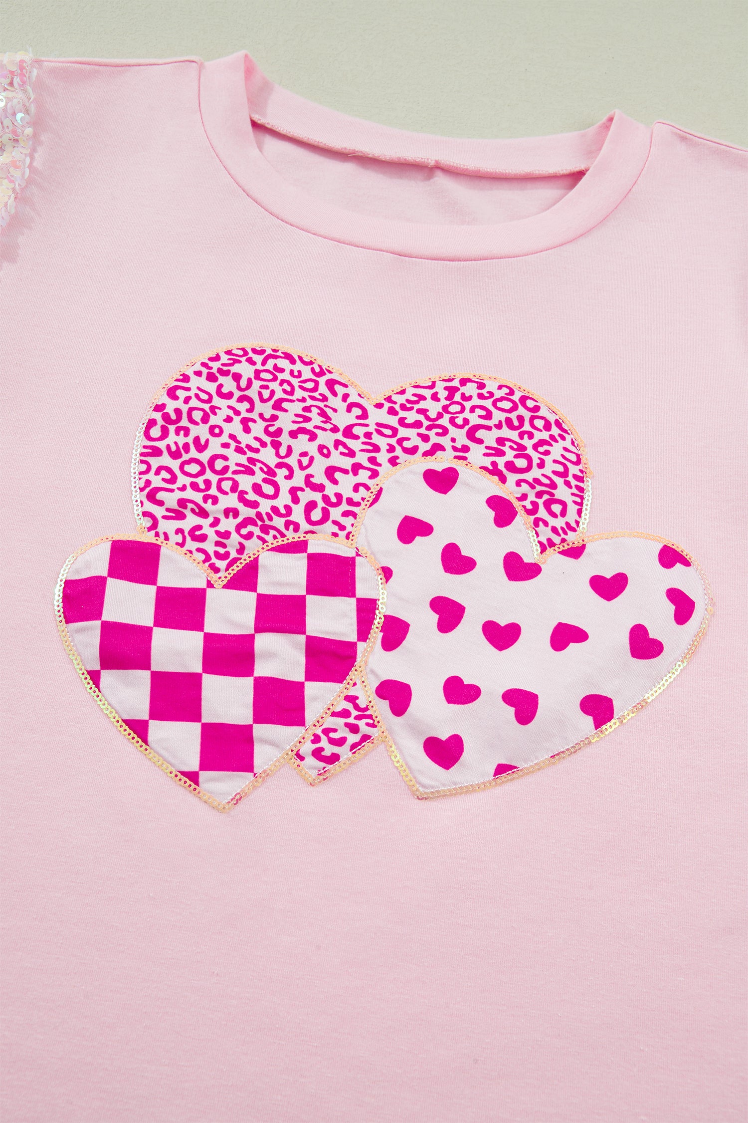 Light Pink Three Sweet Hearts Printed Sequin Trim Contrast Sleeve Patchwork Tee-Tops/Tops & Tees-[Adult]-[Female]-2022 Online Blue Zone Planet