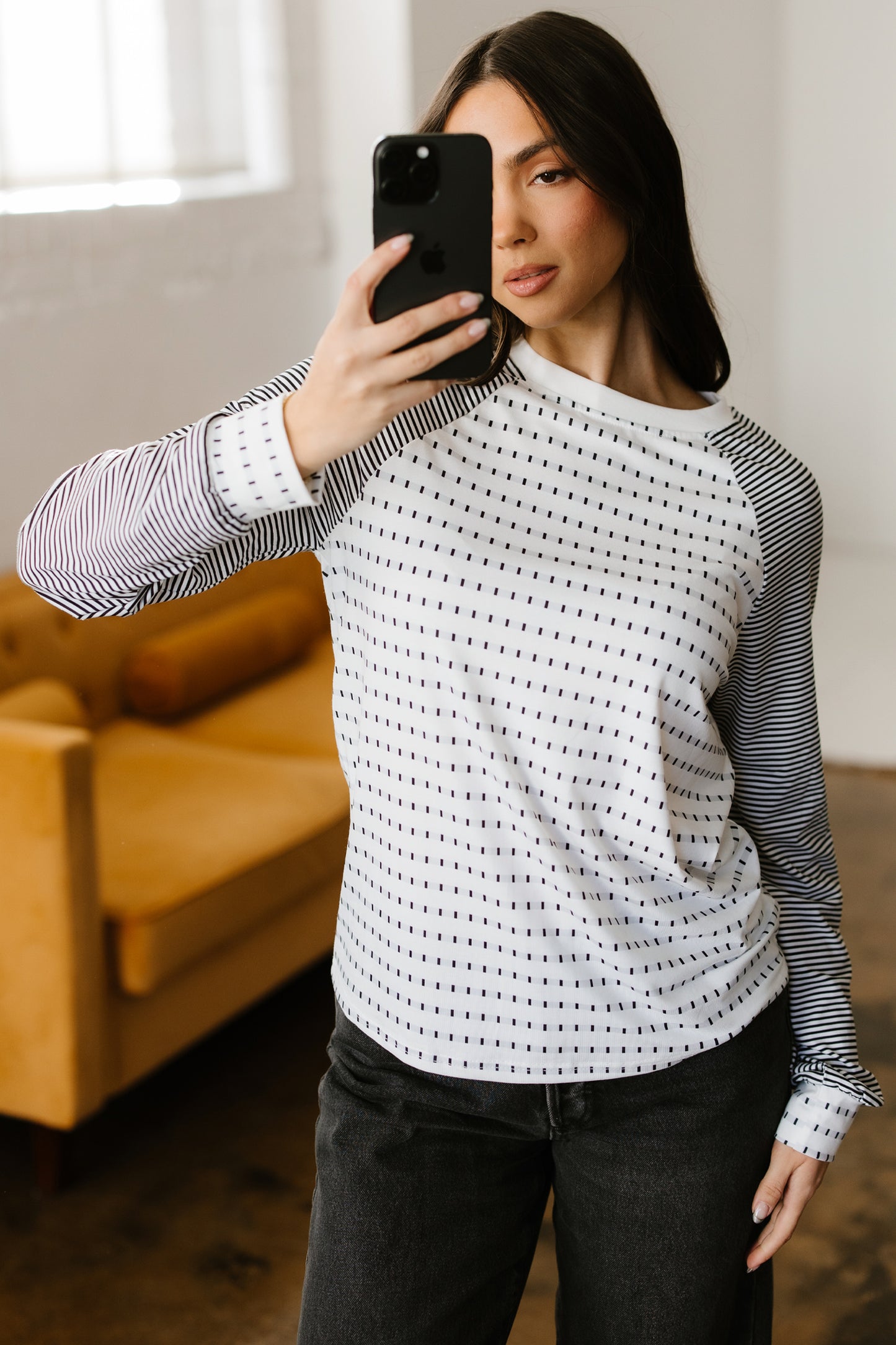 Black Stripe Raglan Patchwork Long Sleeve Tee-Tops/Long Sleeve Tops-[Adult]-[Female]-2022 Online Blue Zone Planet