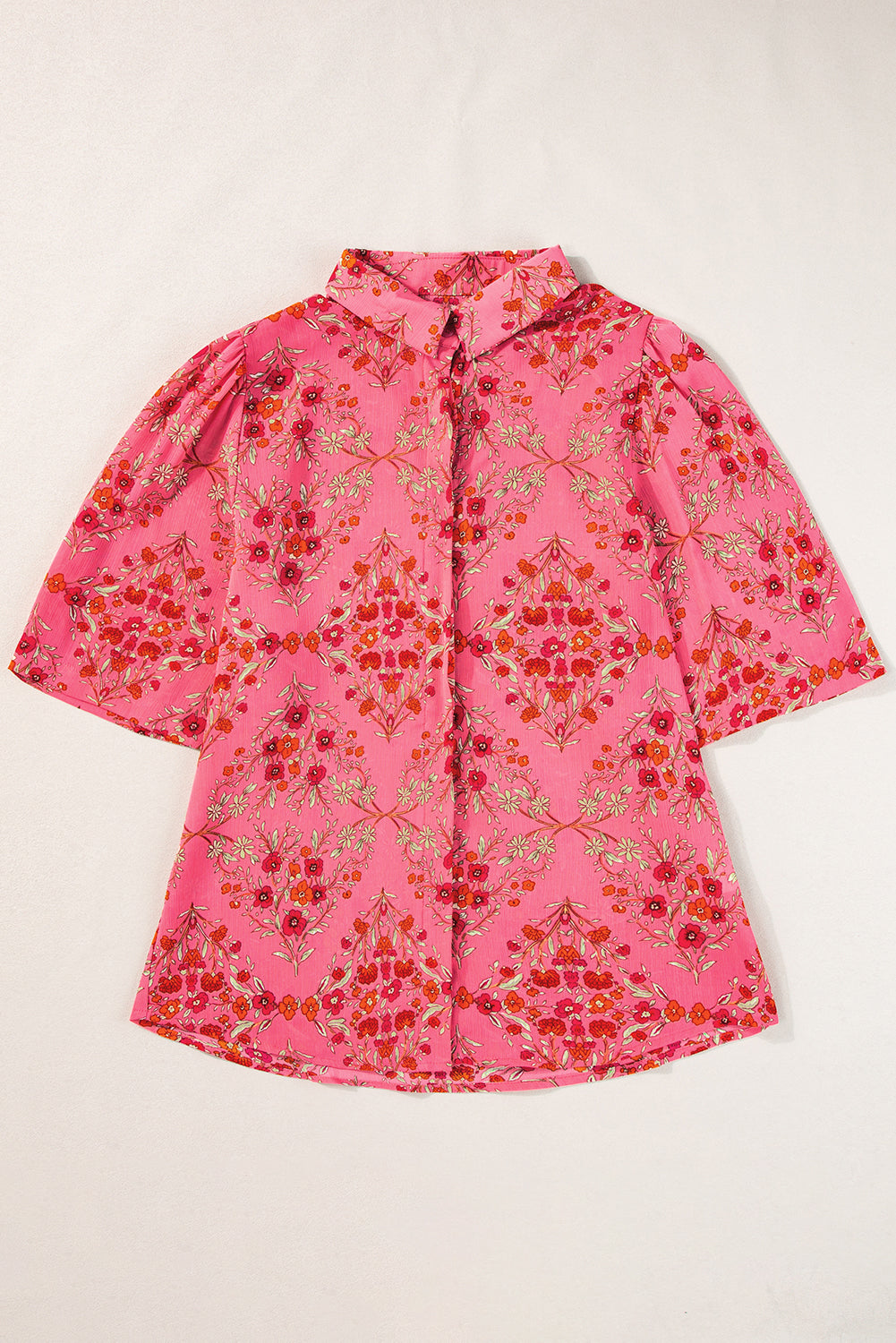 Rose Red Floral Print Wide Short Sleeve Loose Shirt-Tops/Blouses & Shirts-[Adult]-[Female]-2022 Online Blue Zone Planet