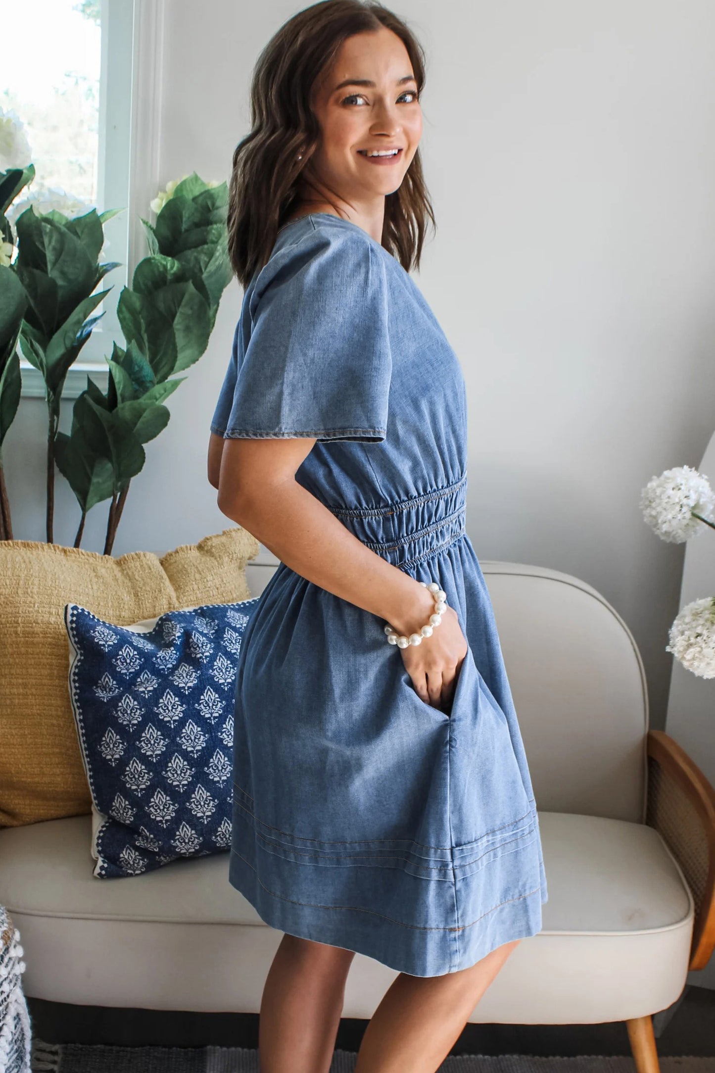 Myosotis Elastic Waist Short Sleeve Denim Mini Dress-Dresses/Mini Dresses-[Adult]-[Female]-2022 Online Blue Zone Planet