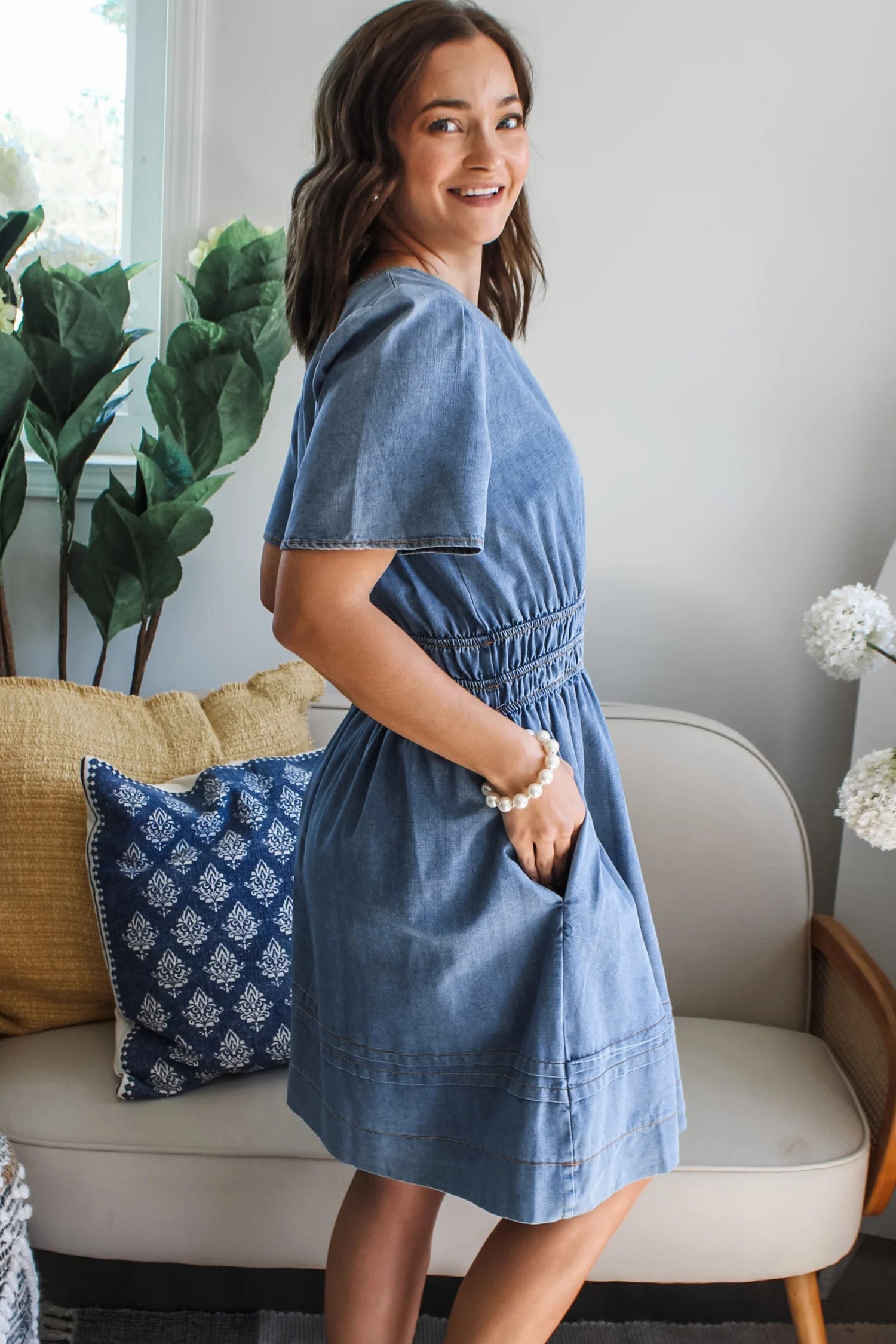 Myosotis Elastic Waist Short Sleeve Denim Mini Dress-Dresses/Mini Dresses-[Adult]-[Female]-2022 Online Blue Zone Planet