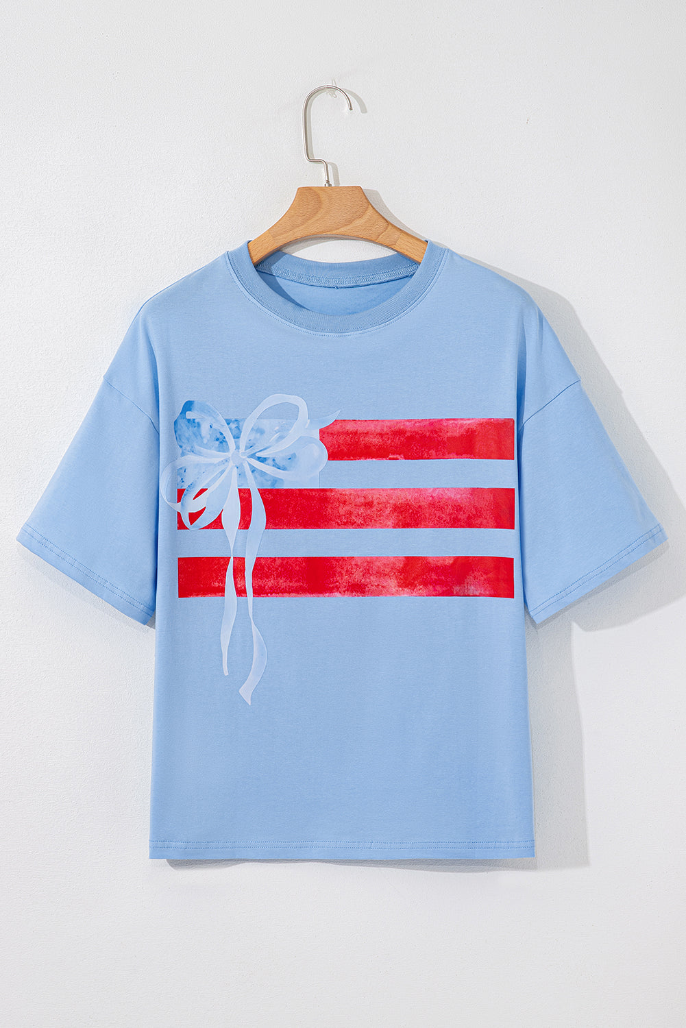 Myosotis Flag Bow Graphic Crewneck Tee-Tops/Tops & Tees-[Adult]-[Female]-2022 Online Blue Zone Planet