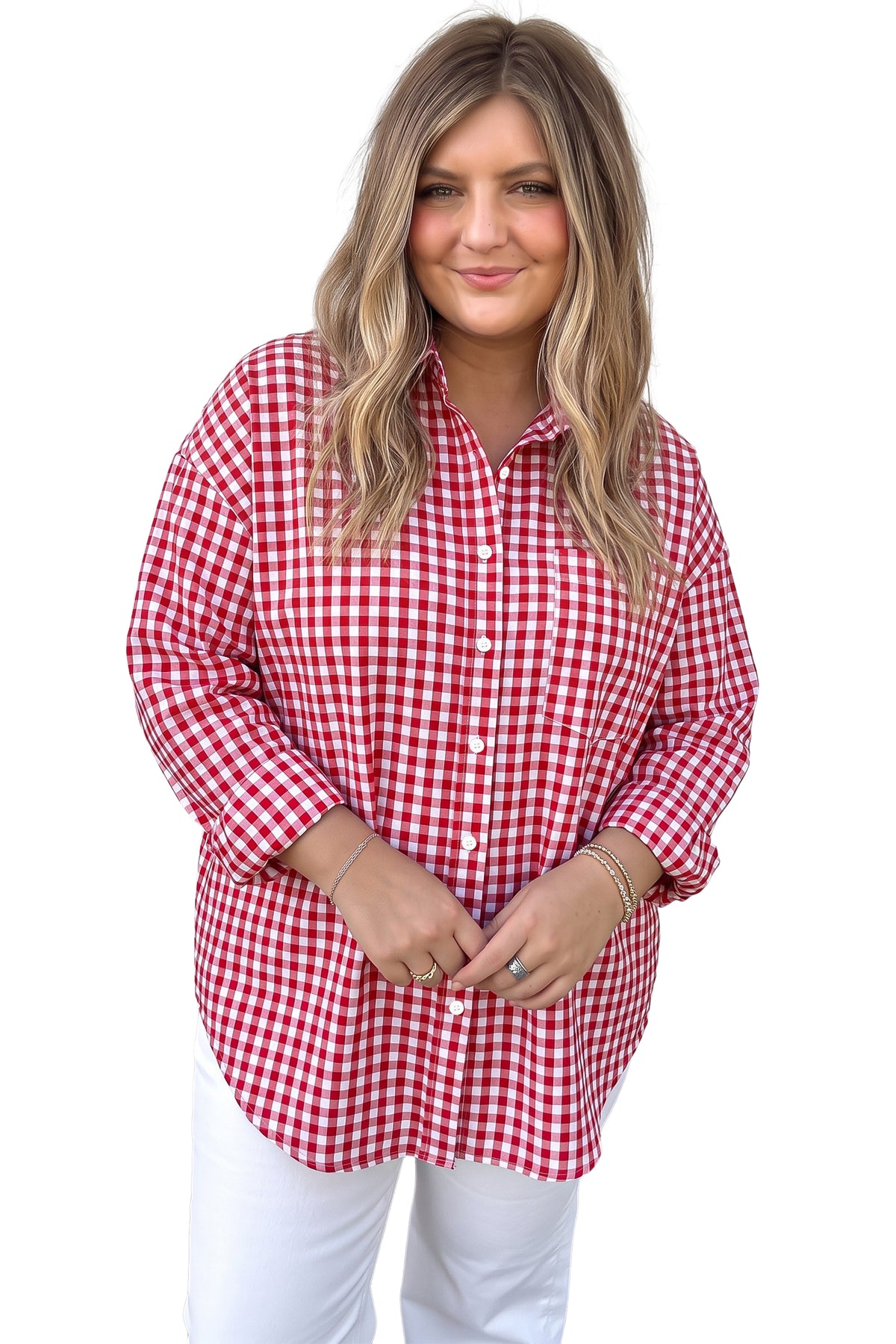 Red Plaid V Neck Long Sleeve Tunic Loose Fit Plus Size Shirt-Plus Size/Plus Size Tops/Plus Size Blouses & Shirts-[Adult]-[Female]-2022 Online Blue Zone Planet