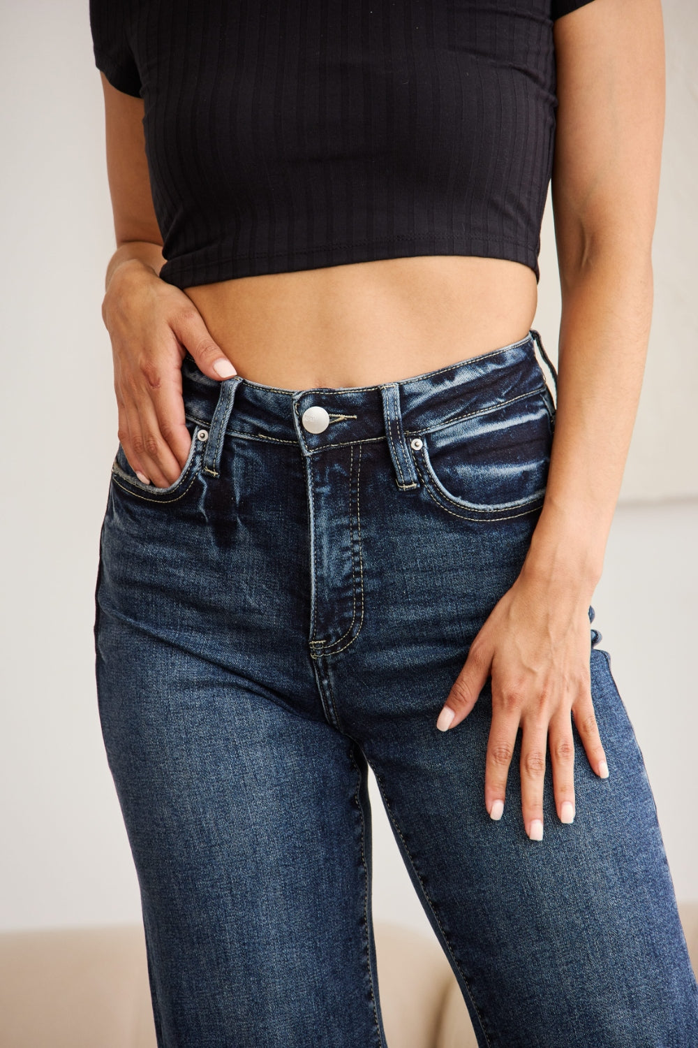 Blue Zone Planet | RFM Full Size Tummy Control High Waist Raw Hem Jeans-BOTTOMS SIZES SMALL MEDIUM LARGE-[Adult]-[Female]-2022 Online Blue Zone Planet