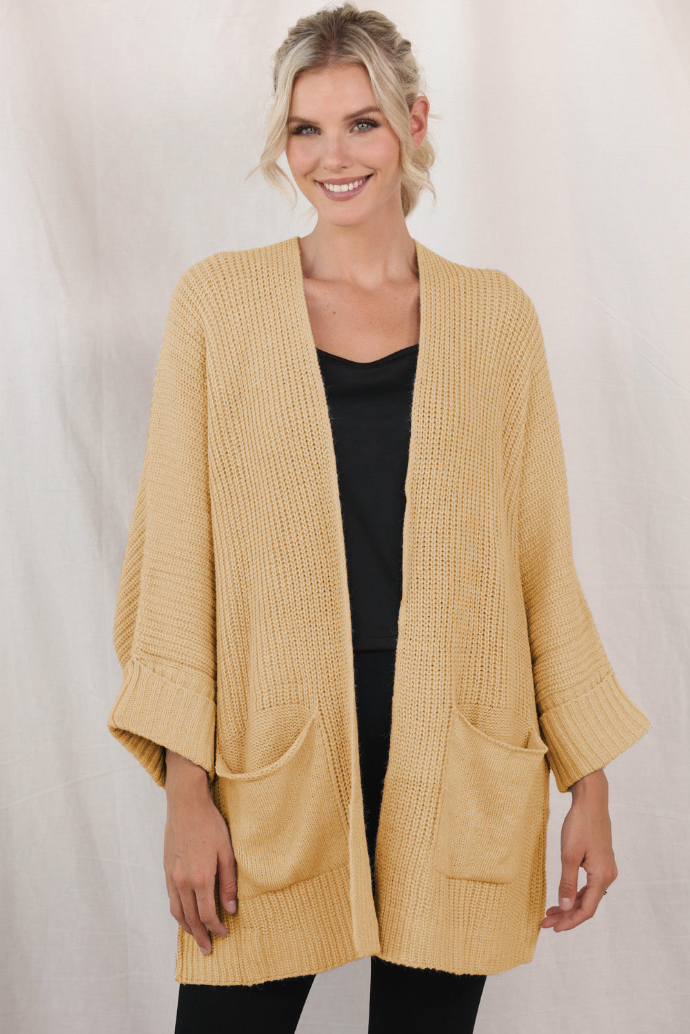 Waffle-Knit Long Sleeve Cardigan with Pocket BLUE ZONE PLANET