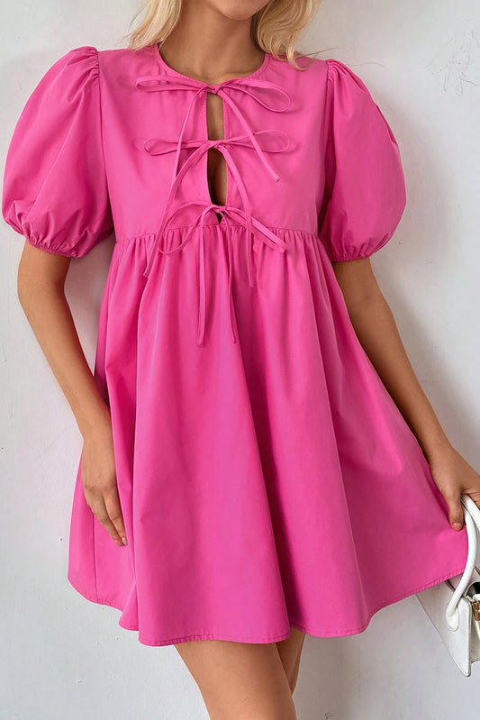 Bright Pink Tie Front Puff Sleeve Mini Dress-Short Dresses-[Adult]-[Female]-Bright Pink-S-2022 Online Blue Zone Planet