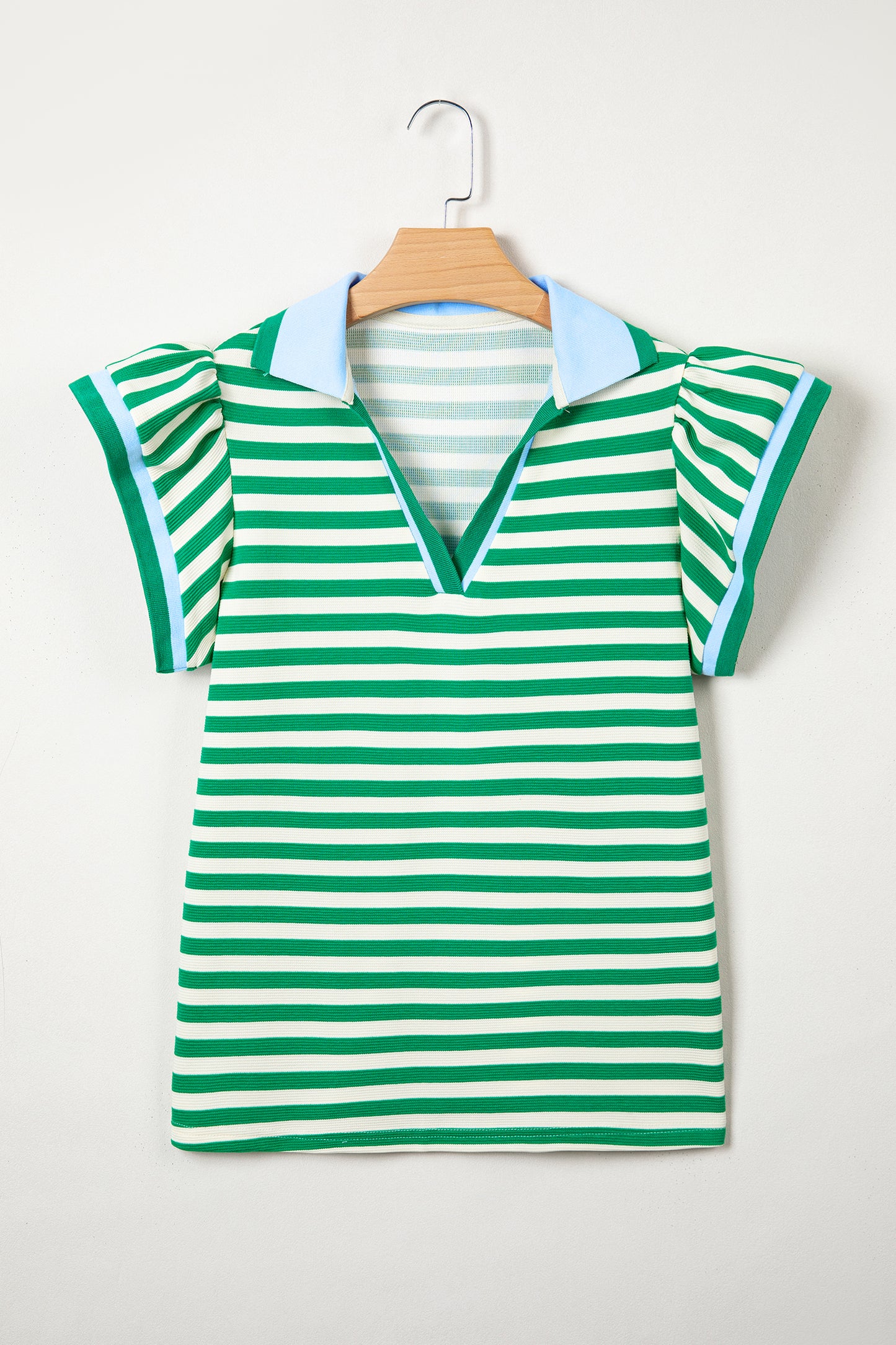 Rose Stripe Contrast Trim Polo Collar Ruffled Short Sleeve Blouse-Tops/Blouses & Shirts-[Adult]-[Female]-2022 Online Blue Zone Planet