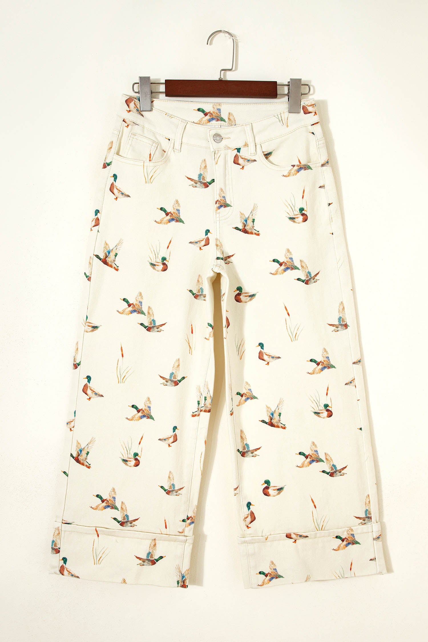 Beige Stylish Mallard Printed Cuffed Hem Shift Jeans-Bottoms/Jeans-[Adult]-[Female]-2022 Online Blue Zone Planet