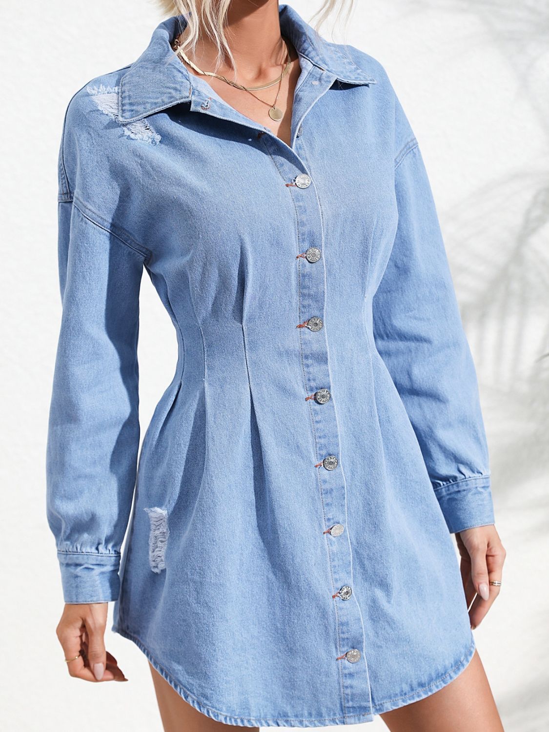 Distressed Button Up Long Sleeve Denim Dress-TOPS / DRESSES-[Adult]-[Female]-2022 Online Blue Zone Planet