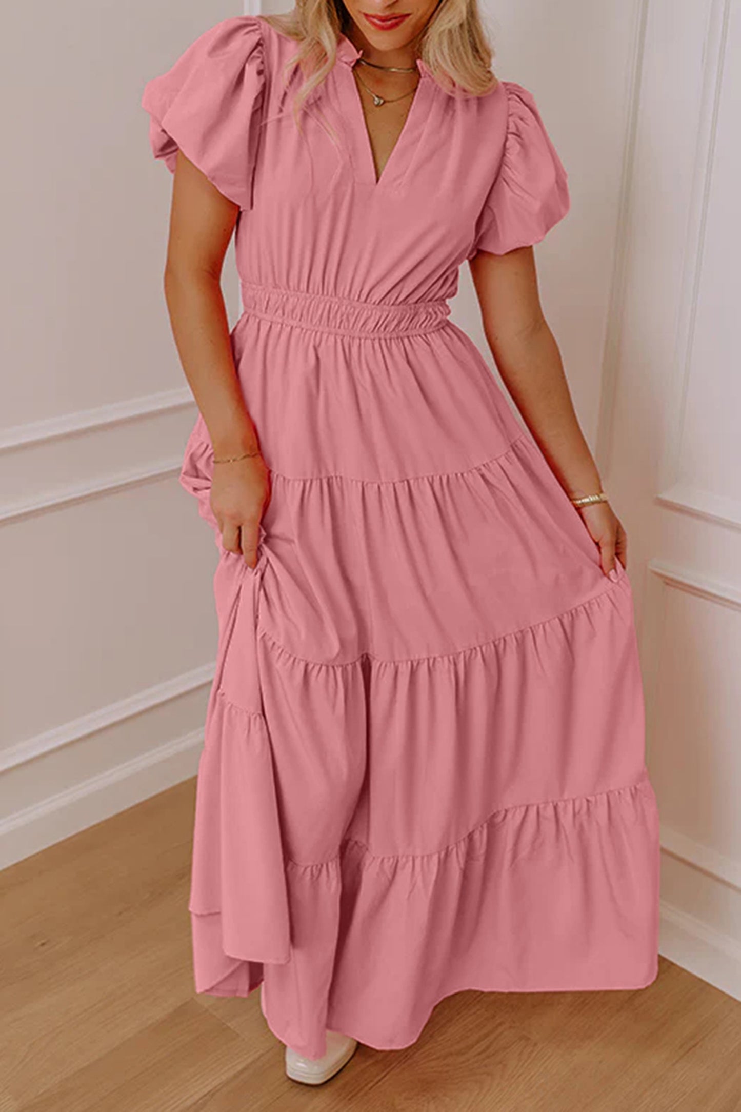 coral color dress Coral Solid Color V Neck Short Puff Sleeve High Waist Tiered Maxi Dres –  Blue Zone Planet