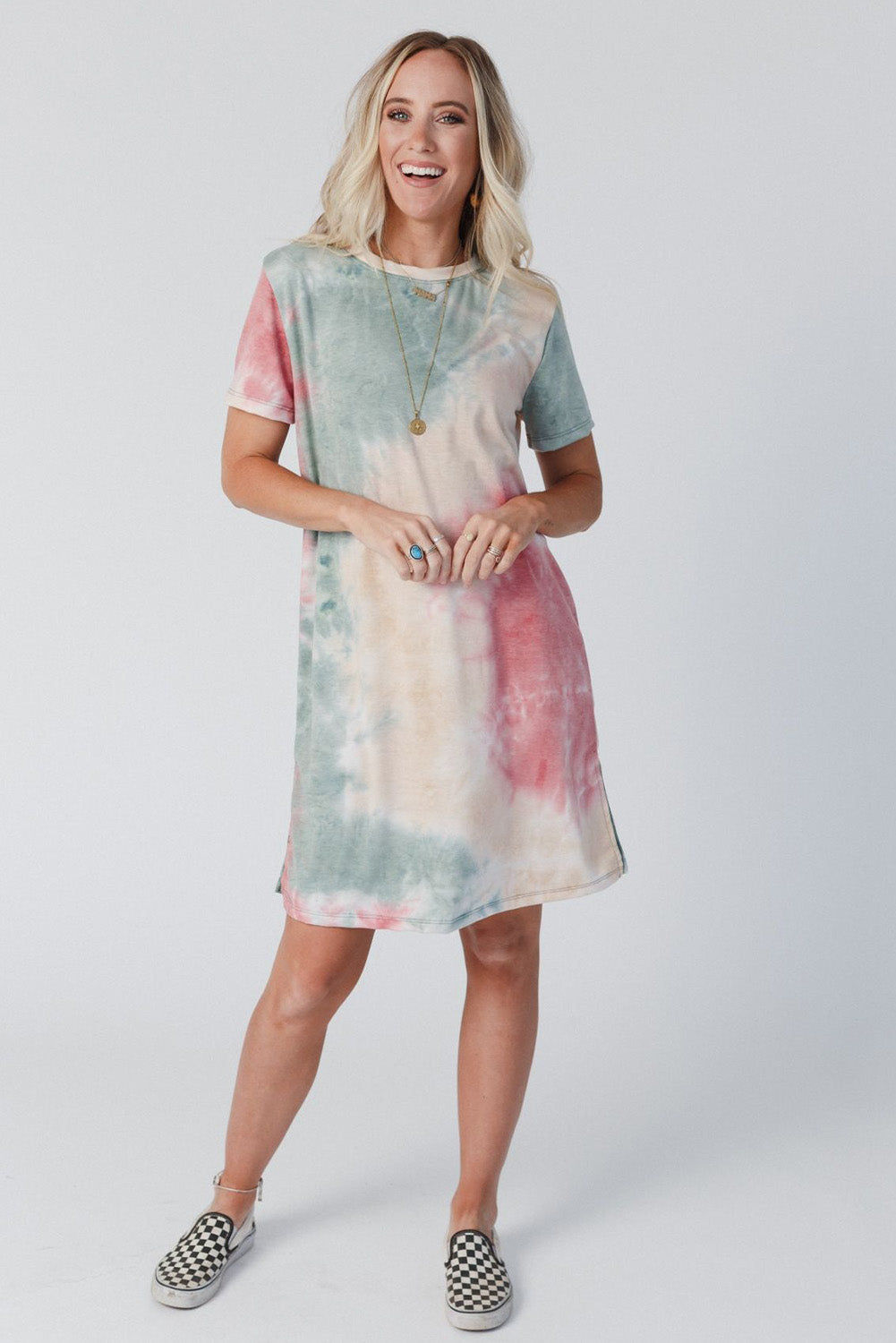 Multicolor Tie Dye Oversized Slit Tee Dress Blue Zone Planet