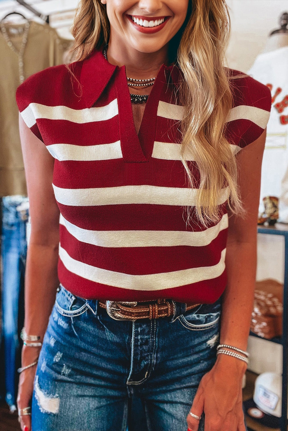 Red Stripe Collared Split Neck Sweater Vest-TOPS / DRESSES-[Adult]-[Female]-2022 Online Blue Zone Planet