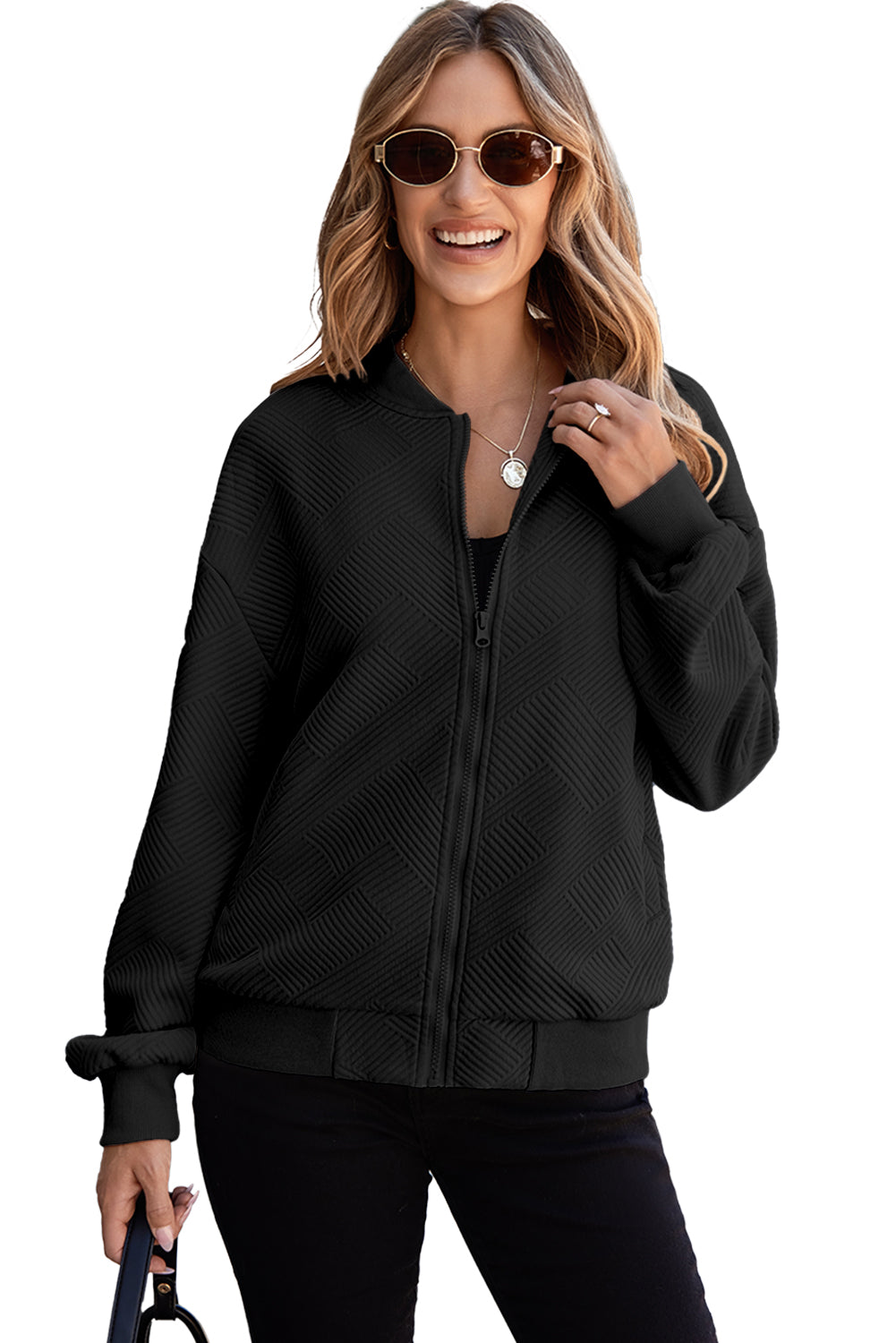 Blue Zone Planet | Black Solid Textured Stand Neck Zipper Bomber Jacket-Outerwear/Jackets-[Adult]-[Female]-2022 Online Blue Zone Planet