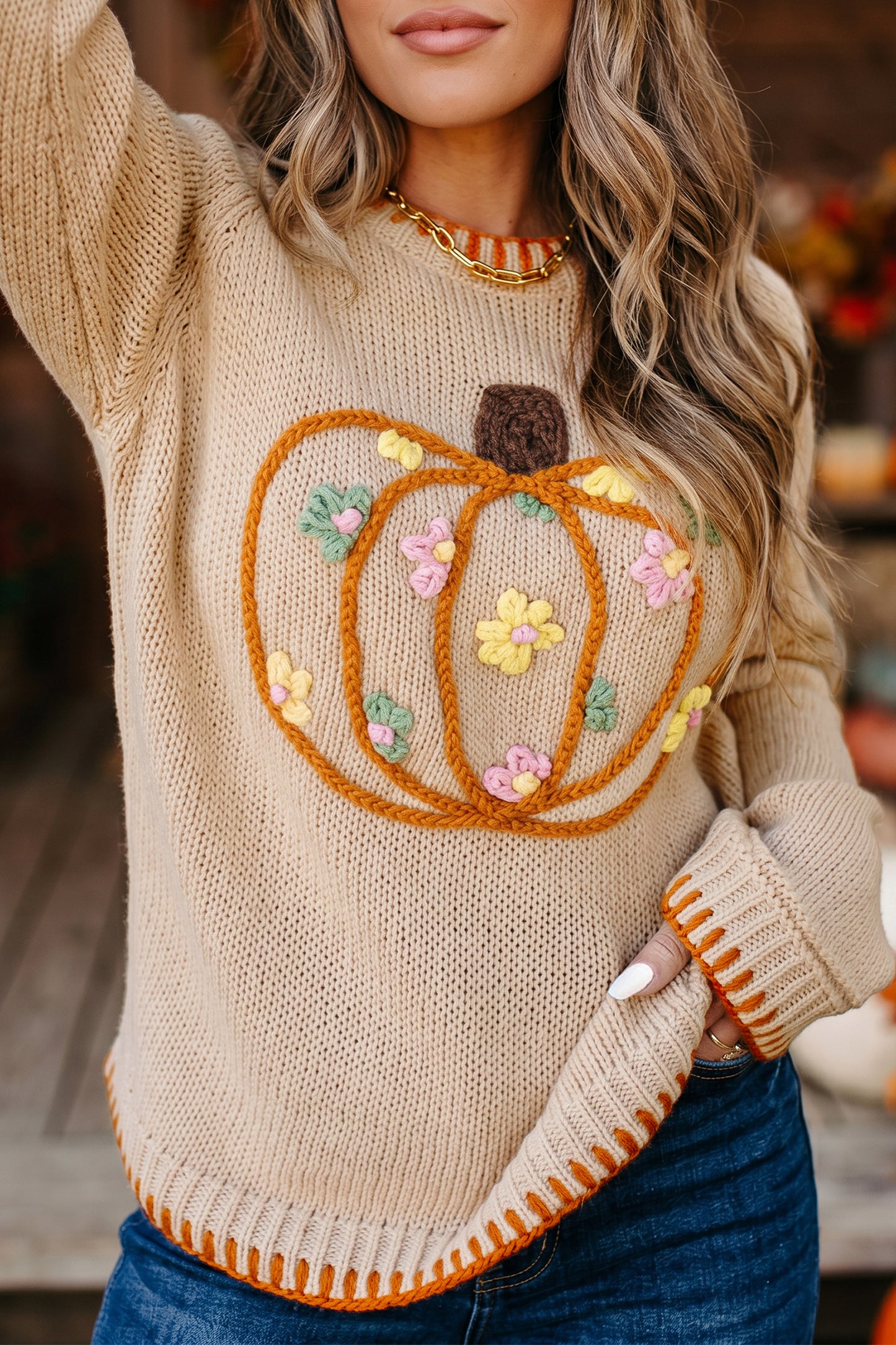 Parchment Floral Embroidery Pumpkin Long Sleeve Round Neck Sweater-Sweaters & Cardigans/Sweaters-[Adult]-[Female]-Parchment-S-2022 Online Blue Zone Planet
