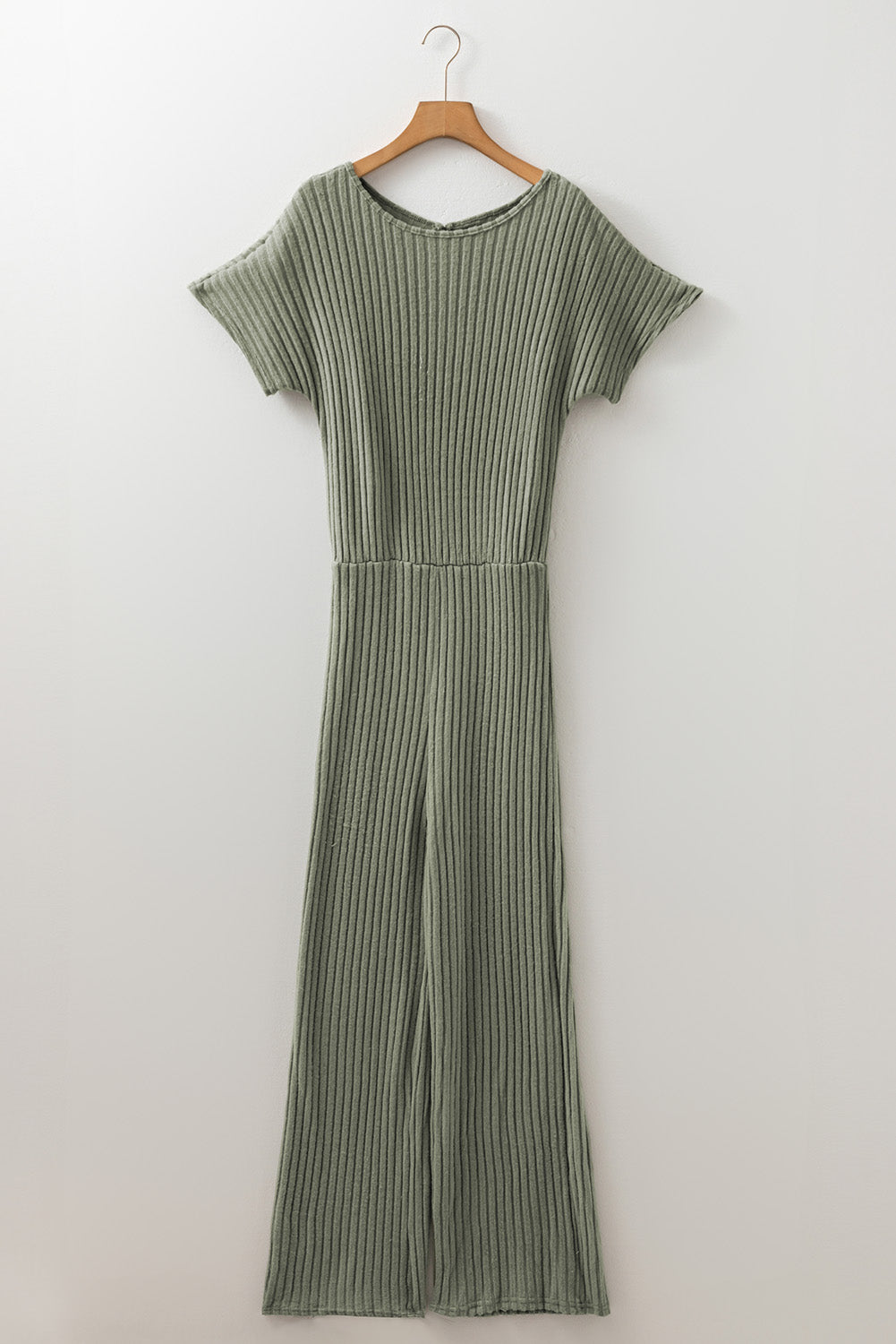 Laurel Green Ribbed Keyhole Short Sleeve Wide Leg Jumpsuit-Bottoms/Jumpsuits & Rompers-[Adult]-[Female]-2022 Online Blue Zone Planet