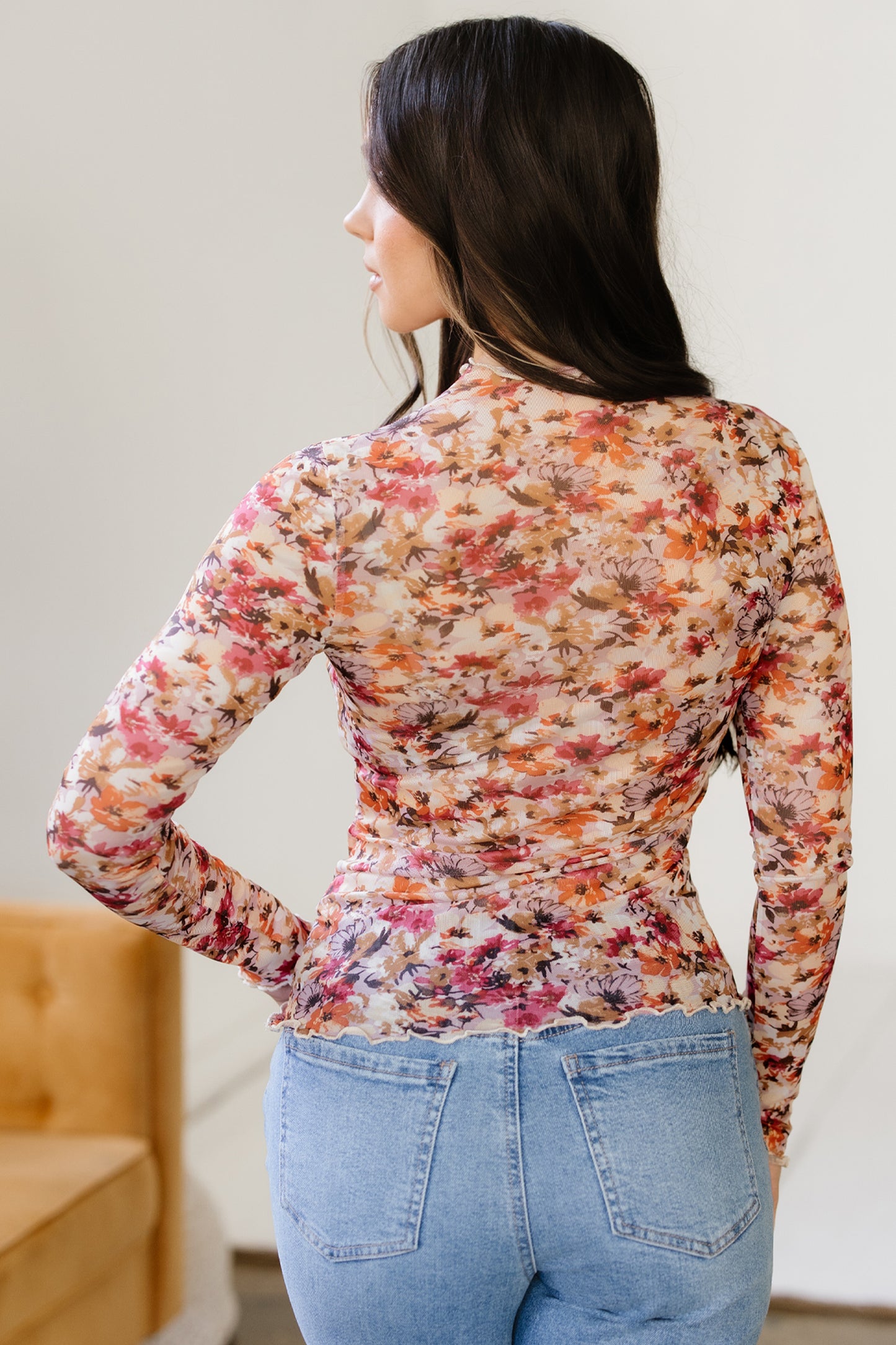 Red Lettuce Trim Floral Print Mesh Long Sleeve Top-Tops/Long Sleeve Tops-[Adult]-[Female]-2022 Online Blue Zone Planet