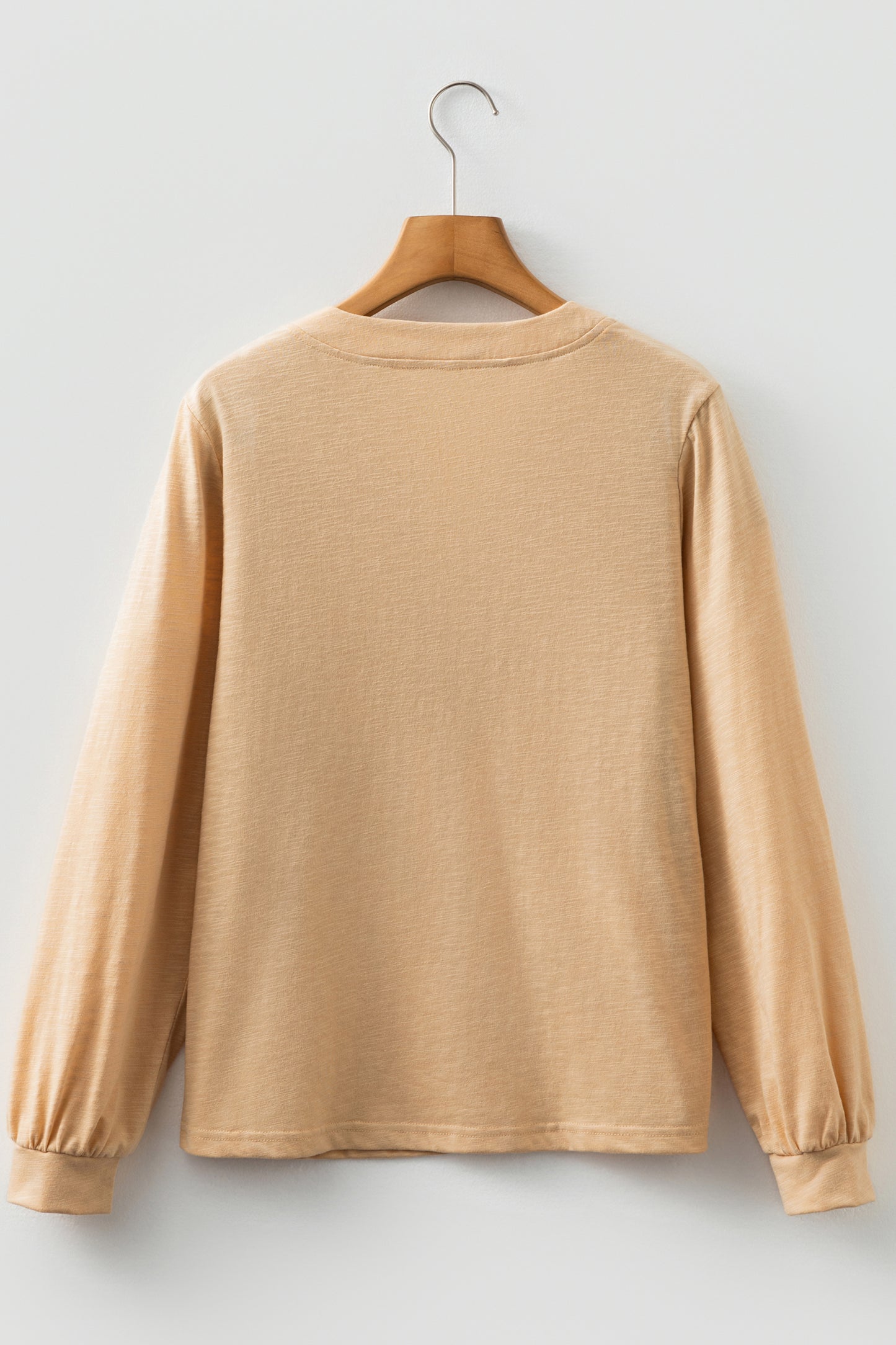 Light French Beige Solid Color Button V Neck Long Sleeve Top-Tops/Long Sleeve Tops-[Adult]-[Female]-2022 Online Blue Zone Planet