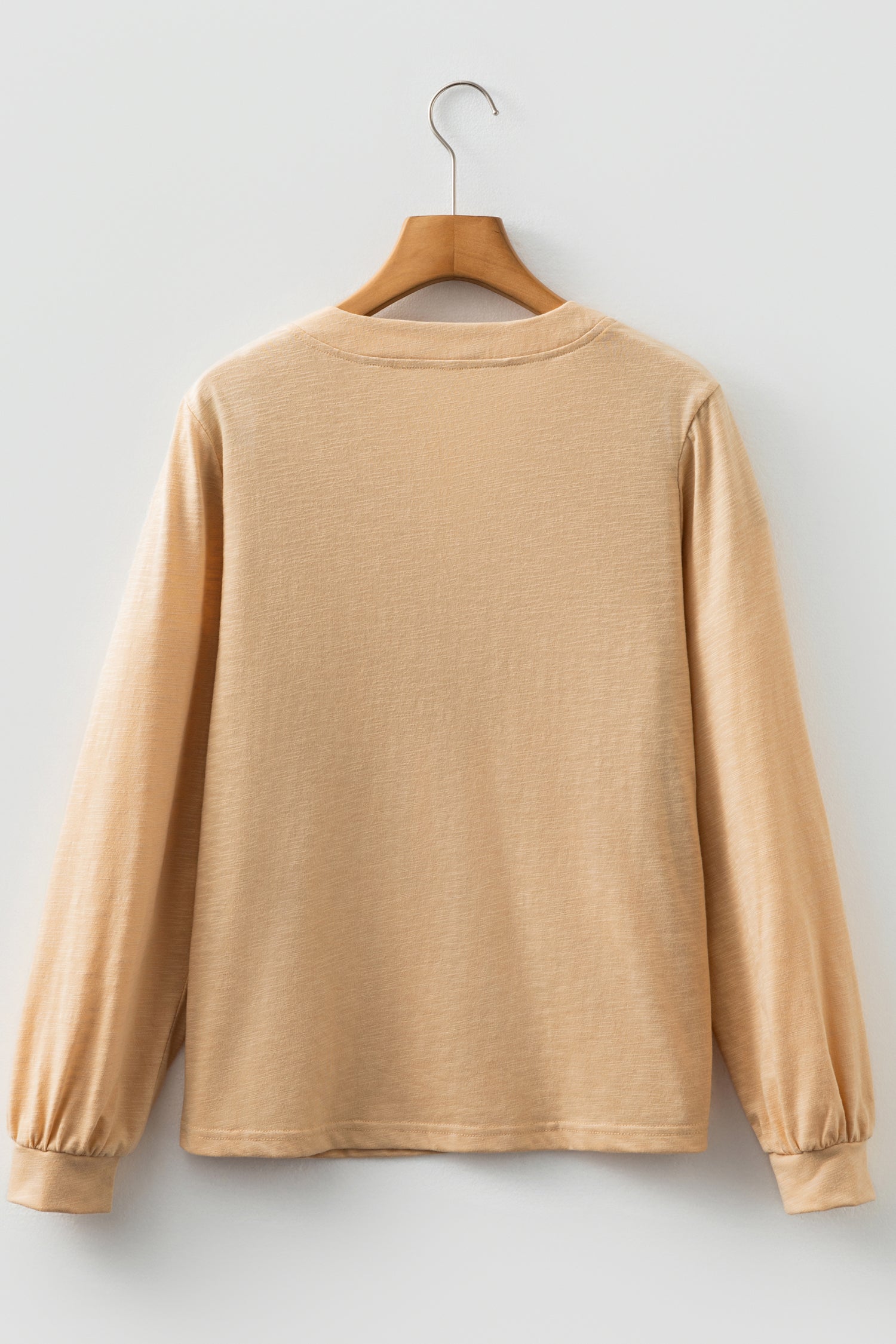 Light French Beige Solid Color Button V Neck Long Sleeve Top-Tops/Long Sleeve Tops-[Adult]-[Female]-2022 Online Blue Zone Planet