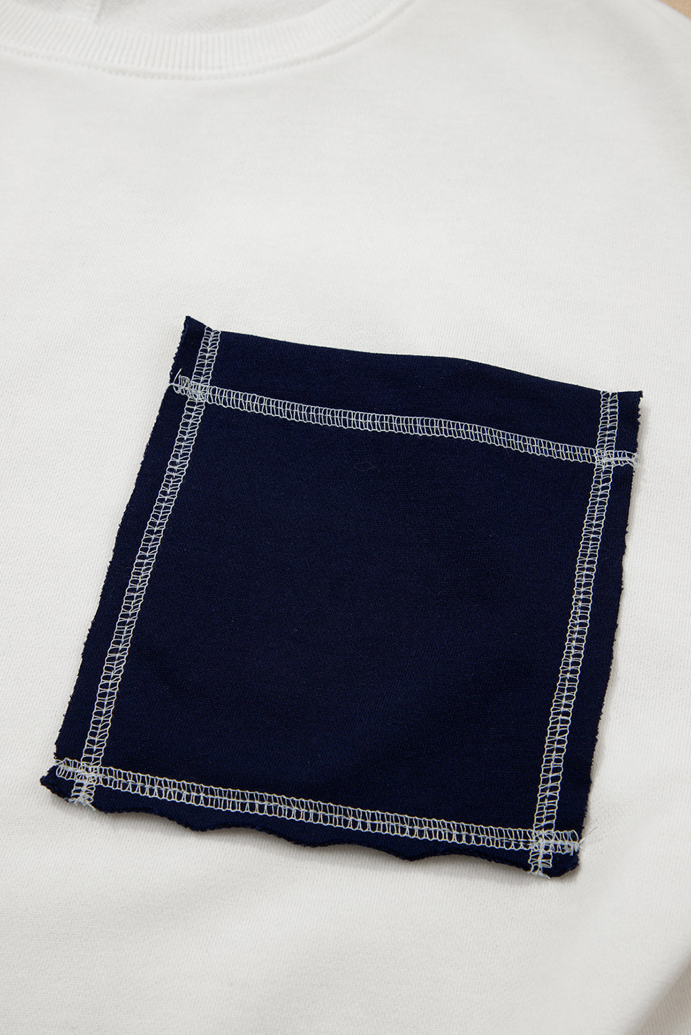 White Exposed Seam Detail Color Block Patch Pocket Drop Shoulder Sweatshirt-Tops/Sweatshirts & Hoodies-[Adult]-[Female]-2022 Online Blue Zone Planet