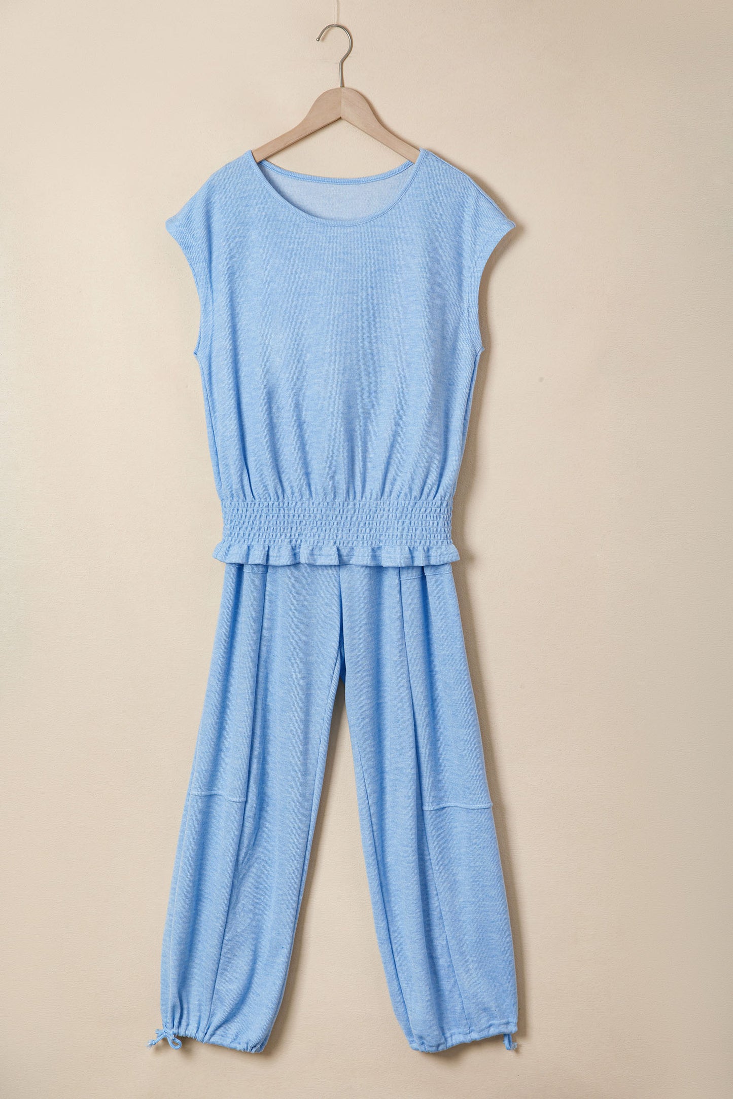 Beau Blue Cap Sleeve Matching Top and Jogger Pants Set-Two Piece Sets/Pant Sets-[Adult]-[Female]-2022 Online Blue Zone Planet
