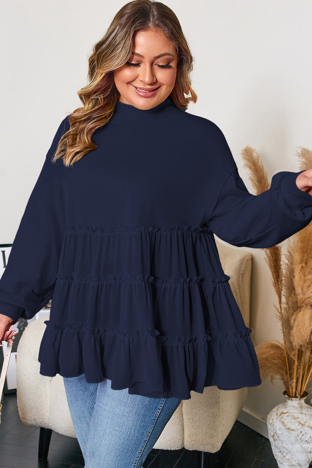 Navy Blue Tiered Ruffle Ribbed Crew Neck Pullover Plus Size Top-Plus Size/Plus Size Tops/Plus Size Blouses & Shirts-[Adult]-[Female]-2022 Online Blue Zone Planet