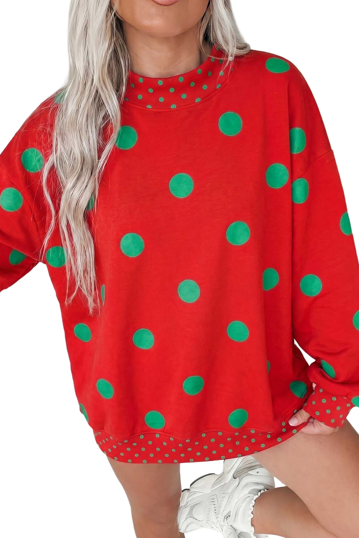 Pink Polka Dot Print Contrast Detail Oversized Tunic Sweatshirt-Tops/Sweatshirts & Hoodies-[Adult]-[Female]-2022 Online Blue Zone Planet