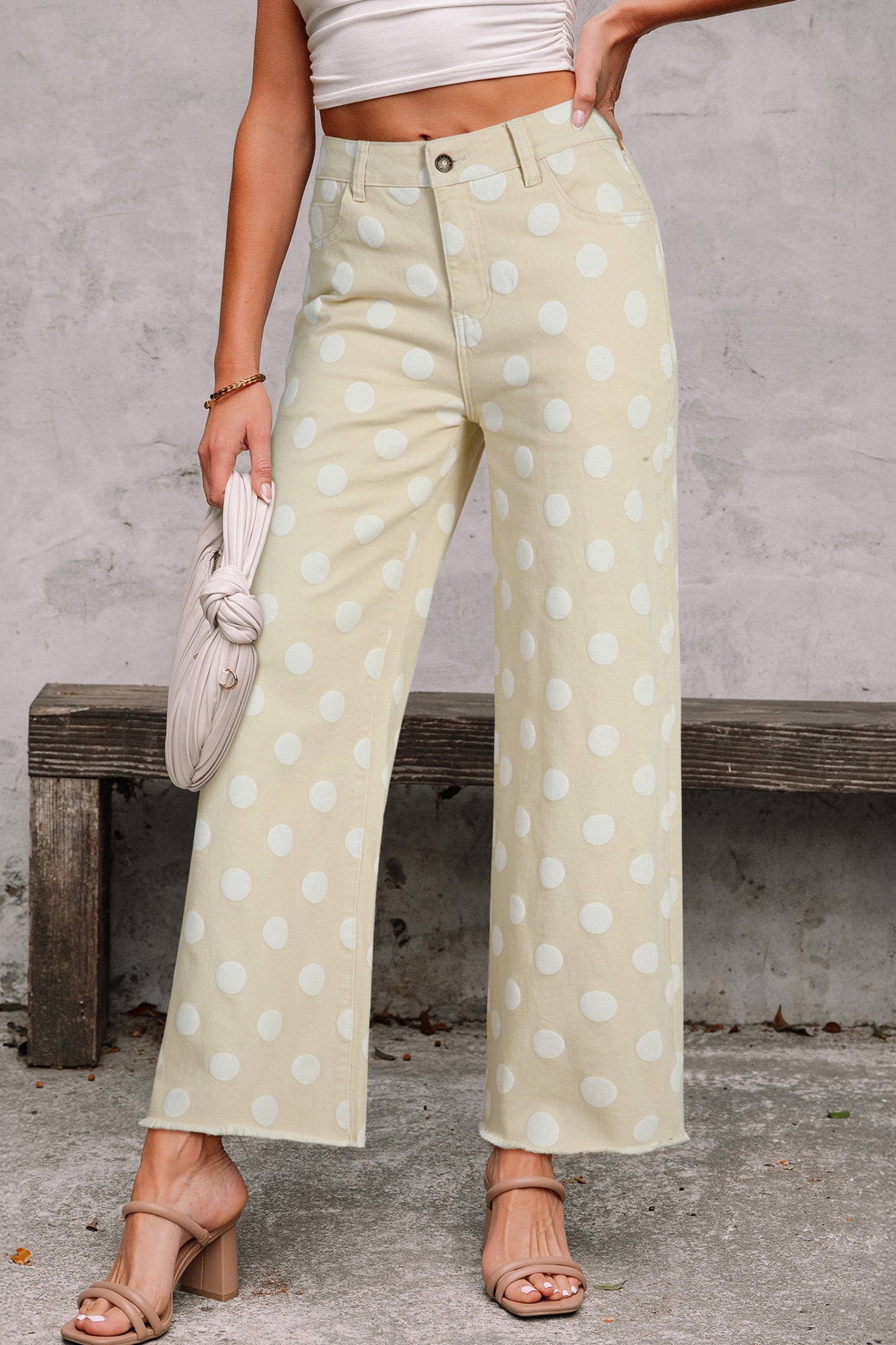 Sky Blue Polka Dot Print Raw Hem Shift Jeans-Bottoms/Jeans-[Adult]-[Female]-Khaki-4-2022 Online Blue Zone Planet