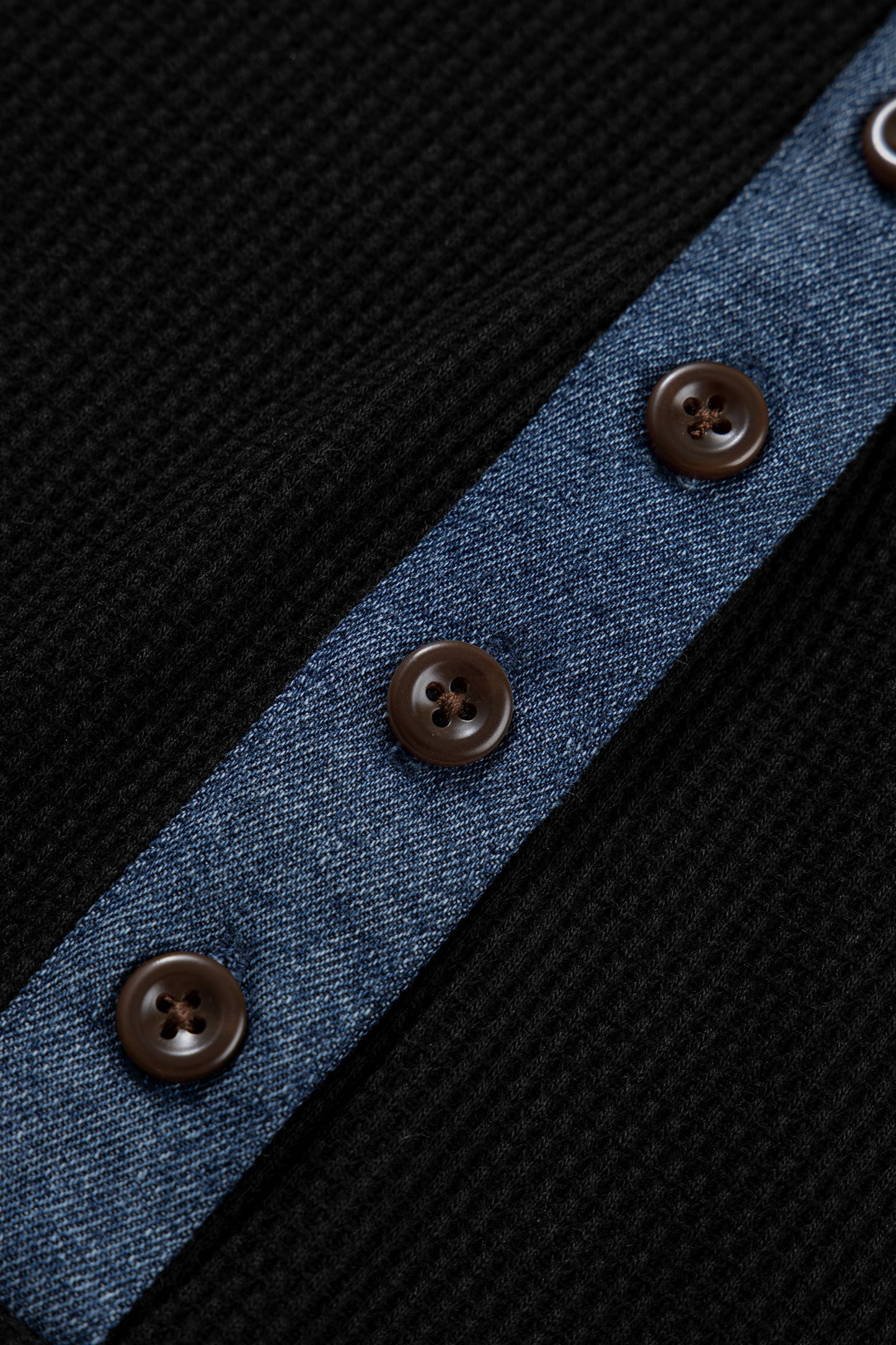 Black Textured Knit Denim Patchwork Button Polo Collar Long Sleeve Top-Tops/Long Sleeve Tops-[Adult]-[Female]-2022 Online Blue Zone Planet