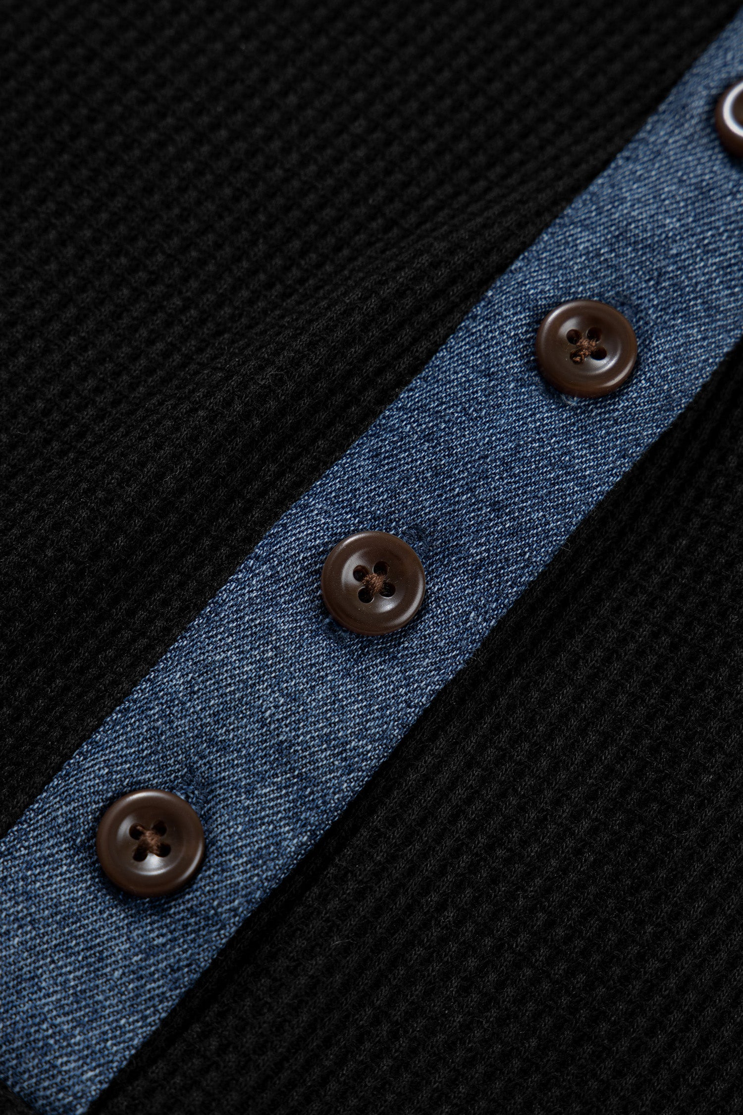 Black Textured Knit Denim Patchwork Button Polo Collar Long Sleeve Top-Tops/Long Sleeve Tops-[Adult]-[Female]-2022 Online Blue Zone Planet