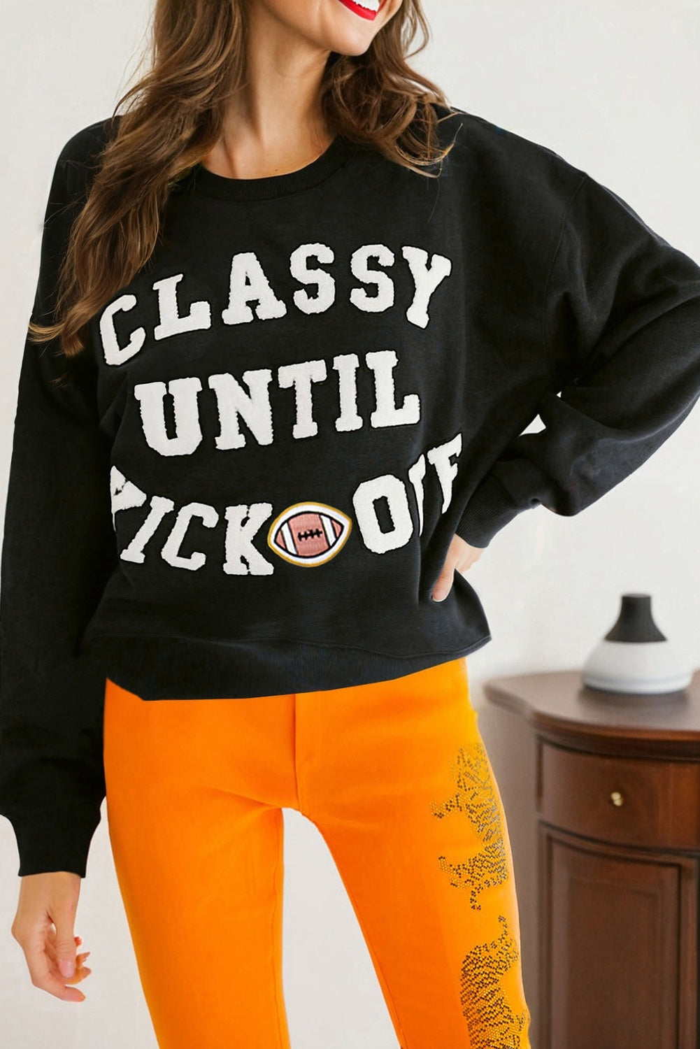 Black Classy Until Kickoff Plush Letter Patched Loose Sweatshirt-Tops/Sweatshirts & Hoodies-[Adult]-[Female]-2022 Online Blue Zone Planet