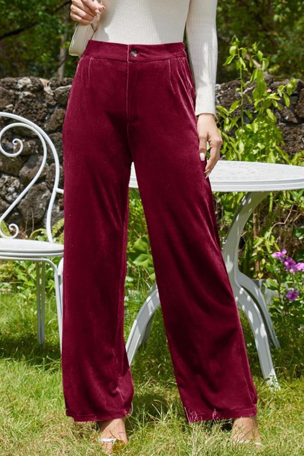 Velvet Wide Leg Pants with Pockets-BOTTOMS SIZES SMALL MEDIUM LARGE-[Adult]-[Female]-2022 Online Blue Zone Planet