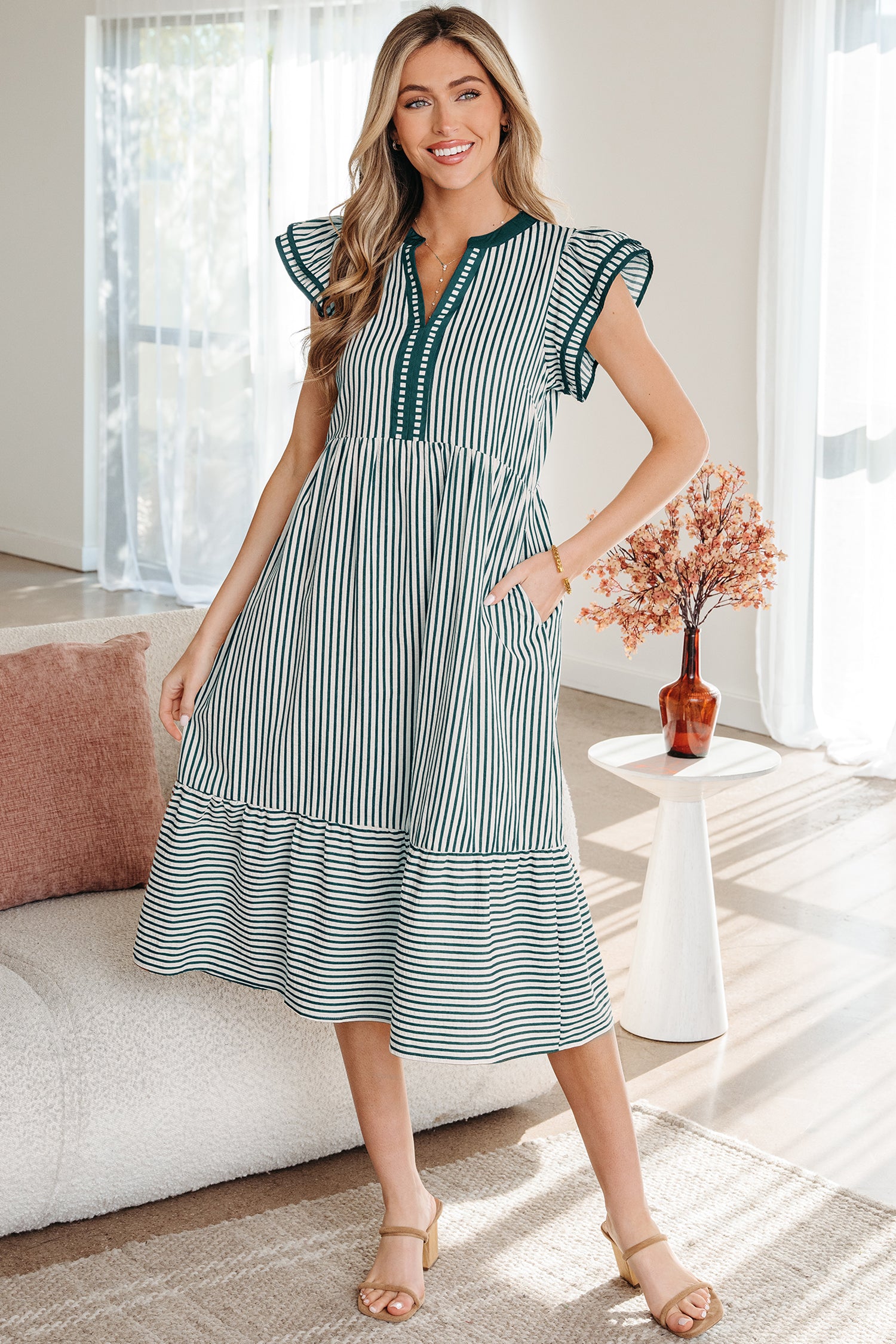 Green Stripe Double Ruffled Short Sleeve Contrast Trim V Neck Midi Dre