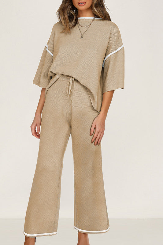 Camel Contrast Trim Half Sleeve Top Drawstring Pants Loose 2pcs Sweater Suit-Two Piece Sets/Pant Sets-[Adult]-[Female]-Camel-S-2022 Online Blue Zone Planet