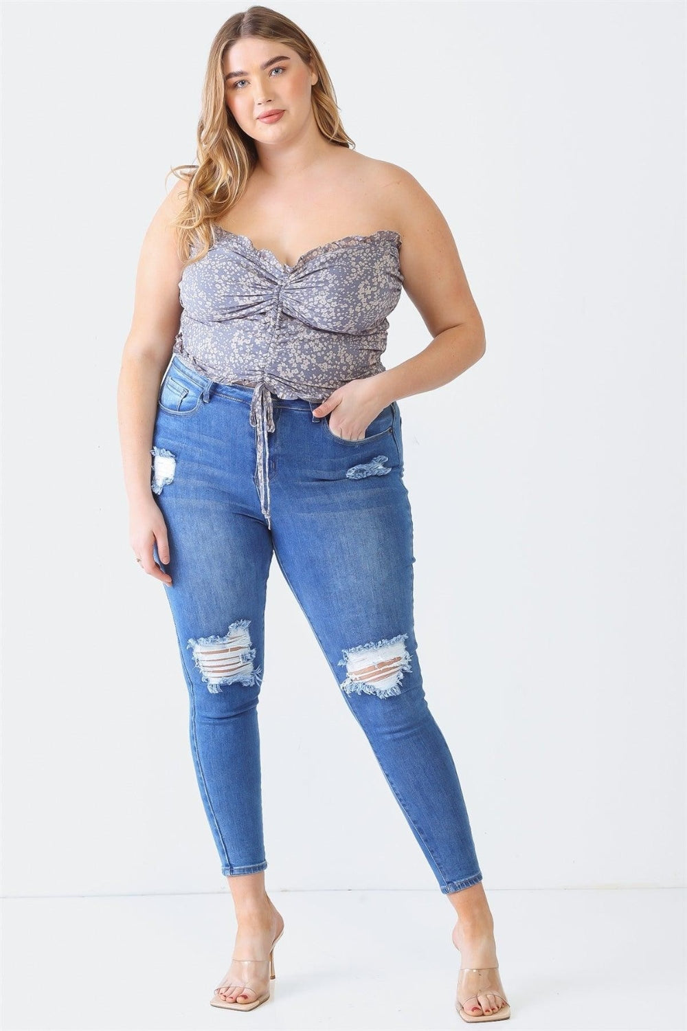 Blue Zone Planet | Zenobia Plus Size Drawstring Smocked Floral Tube Top-TOPS / DRESSES-[Adult]-[Female]-2022 Online Blue Zone Planet